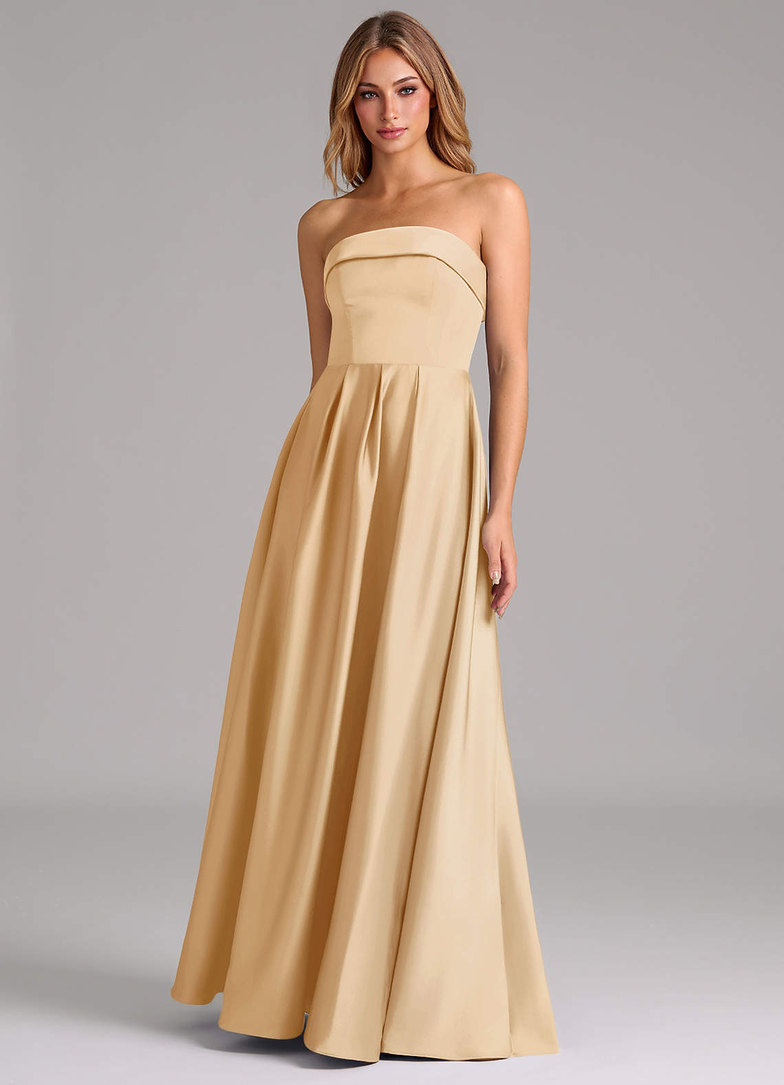 Azazie Lucienne Bridesmaid Dresses Gold A-Line Strapless Stretch Satin Convertible Dress image1