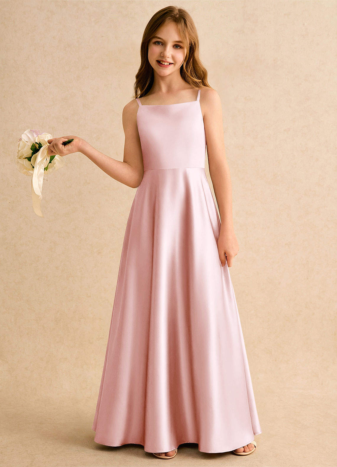 Azazie Joella Girls Formal Sukienki dla dziewczynek sypiących kwiaty Linia A Pofałdowany Satyna elastyczna Długość podłogi Sukienka image1