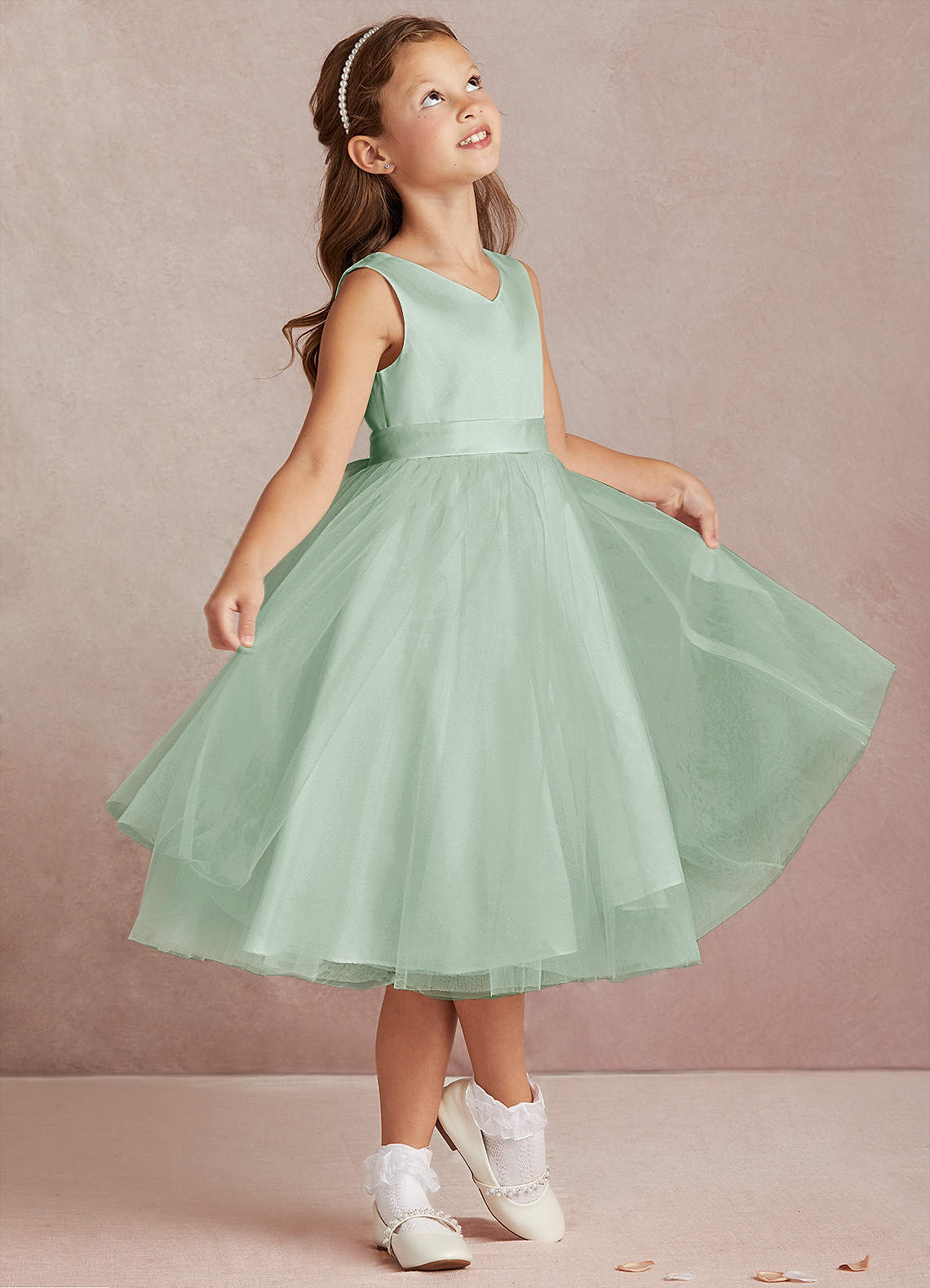 Azazie Marlee vestidos de niña de las flores Vestido de Agave de Satin Mate de Corte En A con Plisado image1