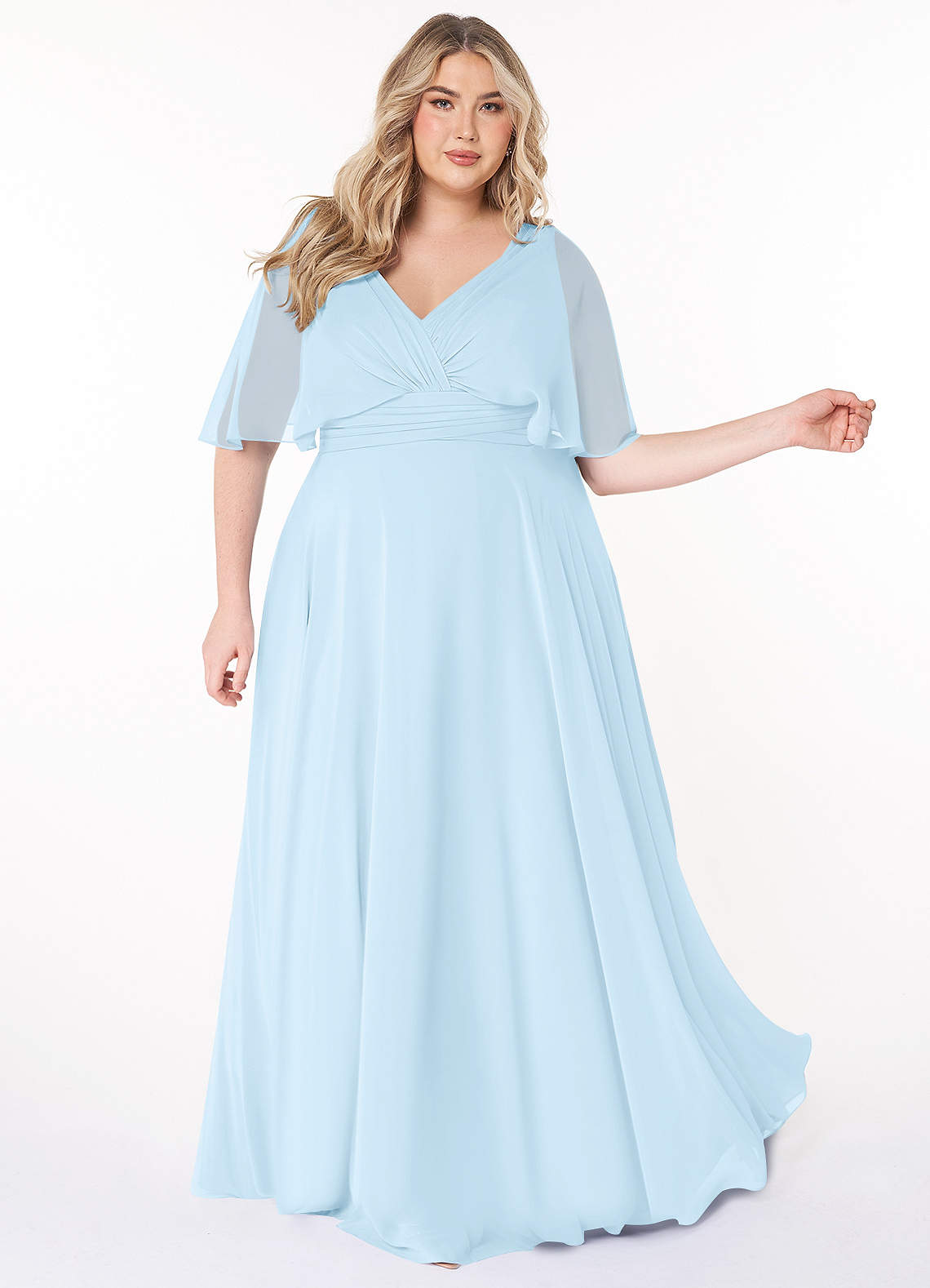 light blue plus size bridesmaid dresses Plus Size Bridesmaid Dresses Chiffon Women's A-Line V-Neck Long Sleeves Floor-Length Formal Evening Gowns with Split Side main image 0