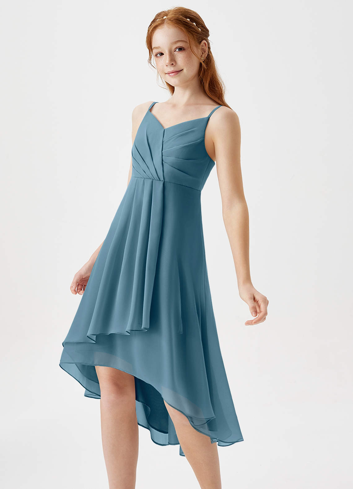 Azazie Mariam Junior Agave A-Line Pleated Chiffon Dress image1