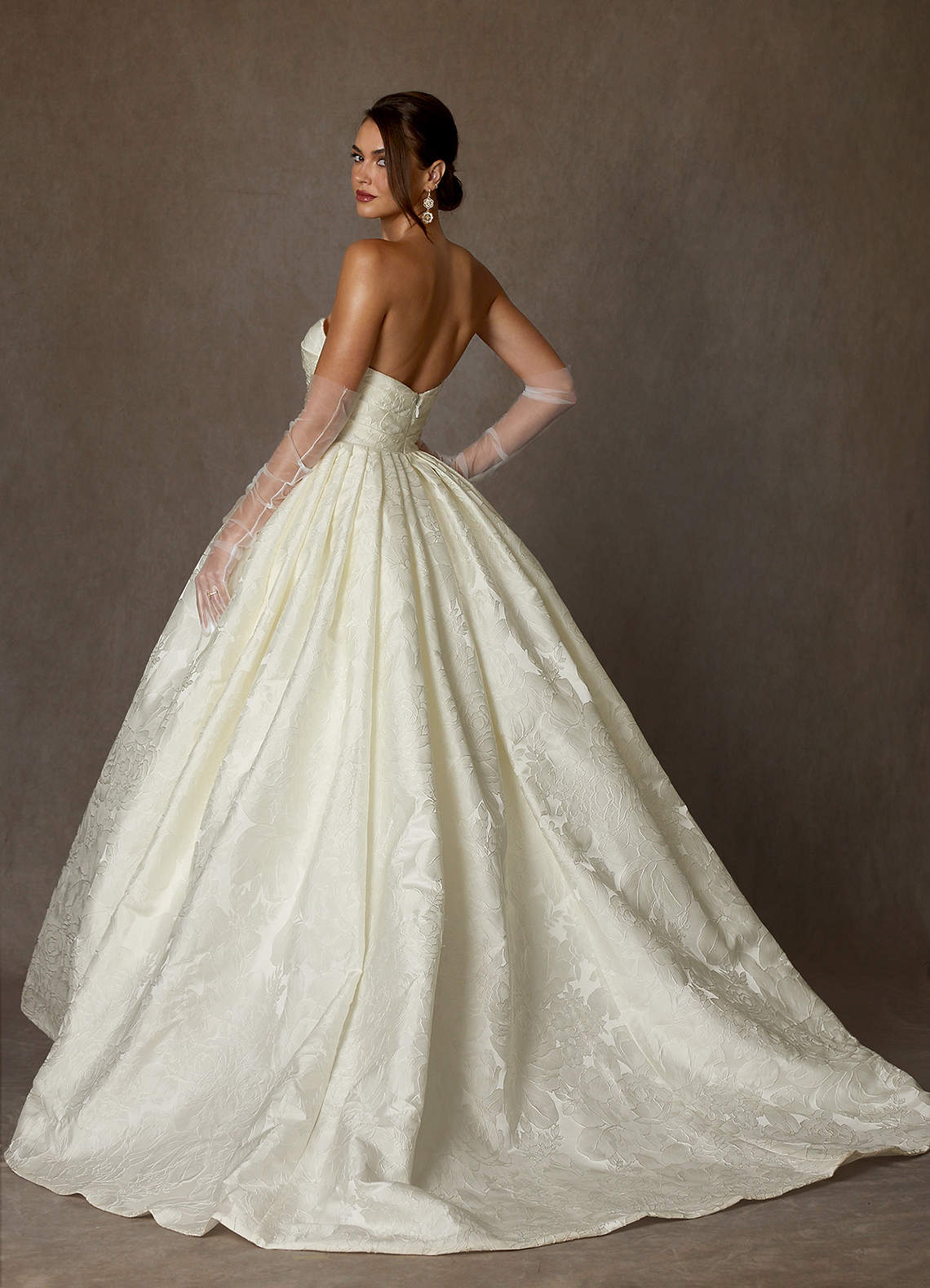 Azazie Celestia Wedding Dresses Antique White Ball-Gown Strapless Floral Jacquard Dress image1