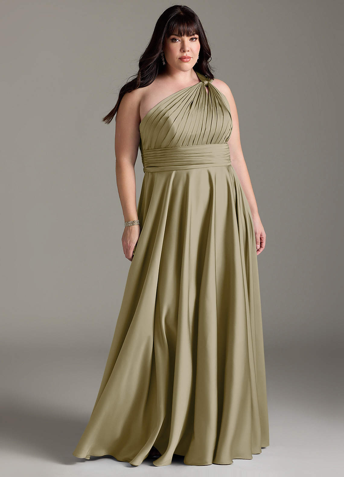 Azazie Charlize Bridesmaid Dresses Moss Green A-Line One Shoulder Stretch Satin Dress image1