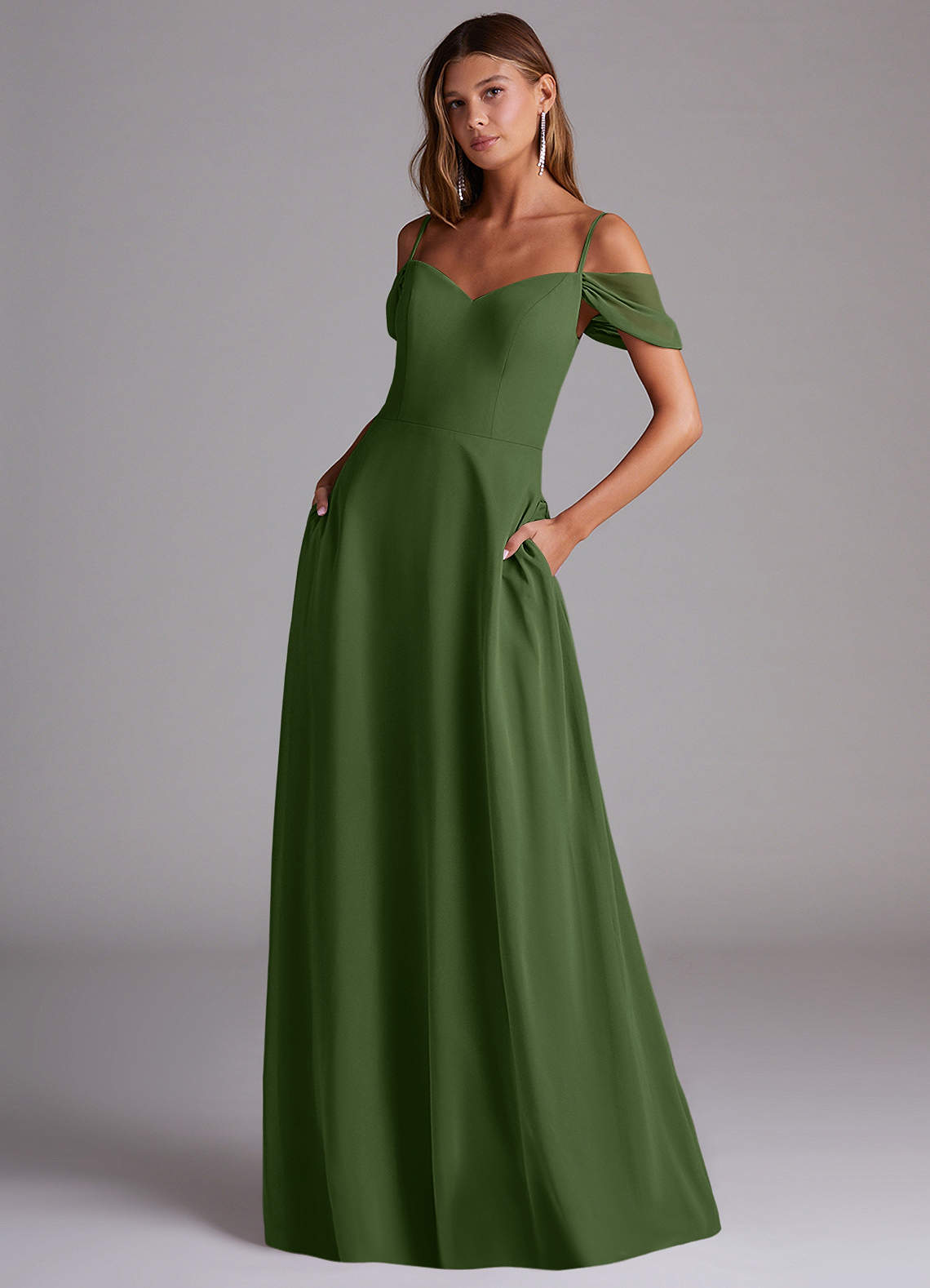 Azazie Marley Bridesmaid Dresses Olive A-Line Off the Shoulder Chiffon Convertible Dress image1