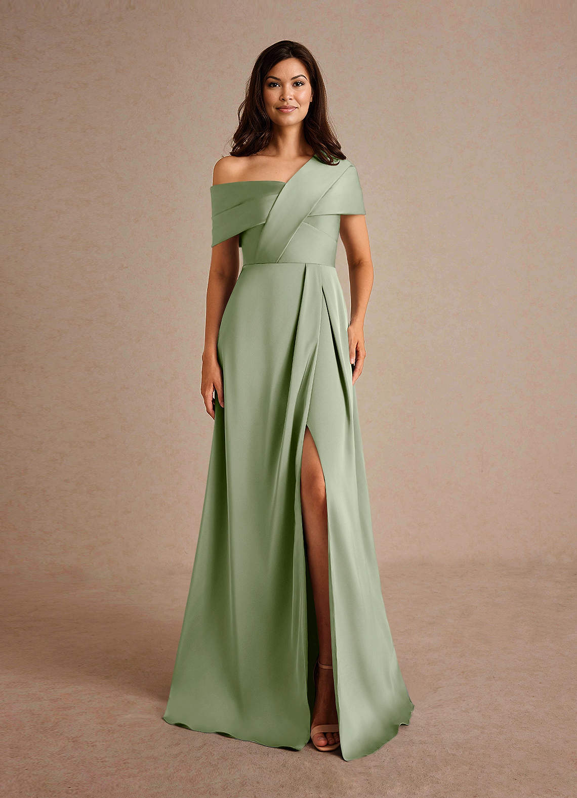 Azazie Milton Mother of the Bride Dresses Dusty Sage A-Line Pleated Stretch Satin Dress image6