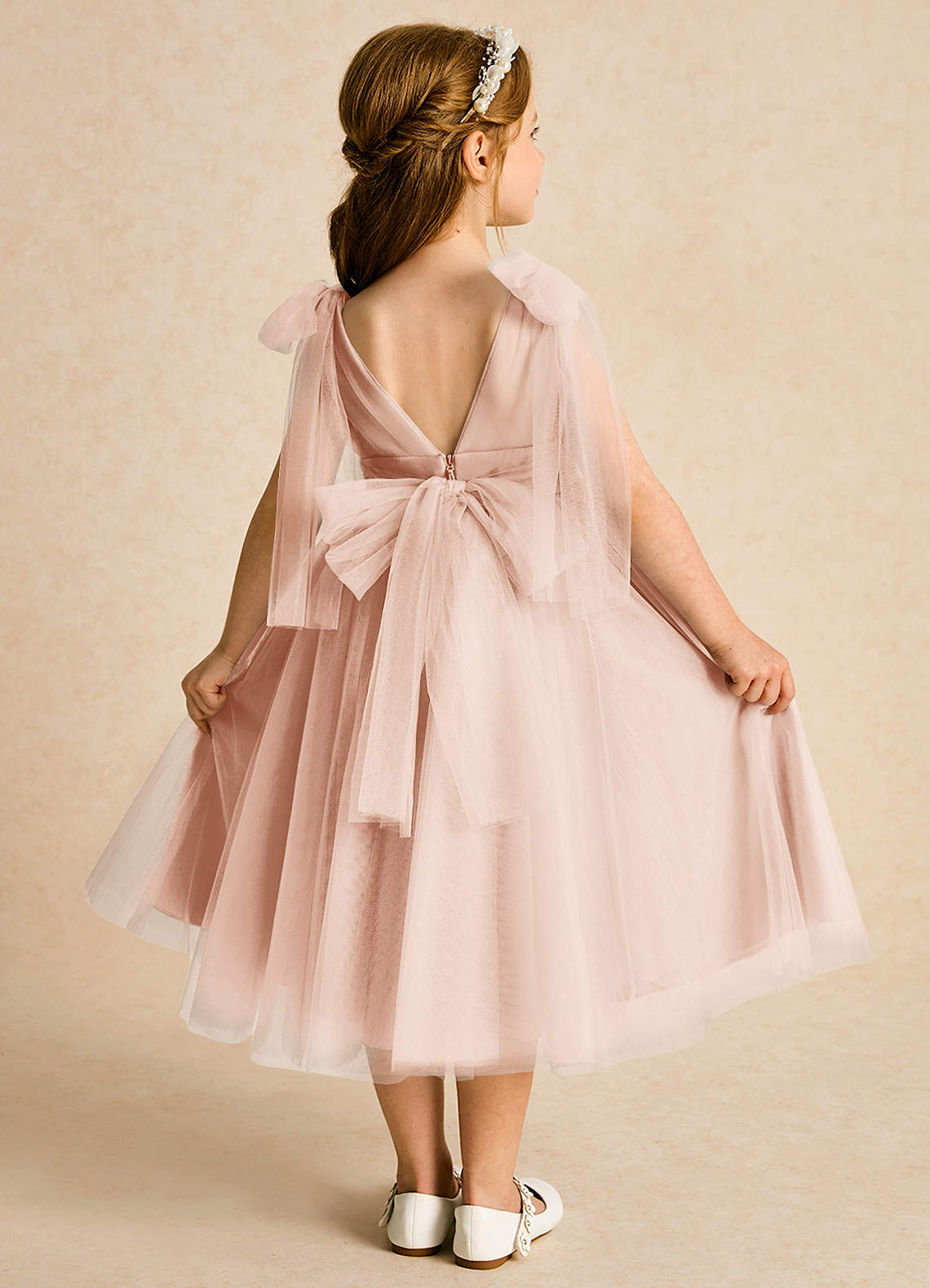 Azazie Dori Robe Demoiselle D'honneur Fillette Robe Trapèze en Tulle Rayé Rose Perle image1