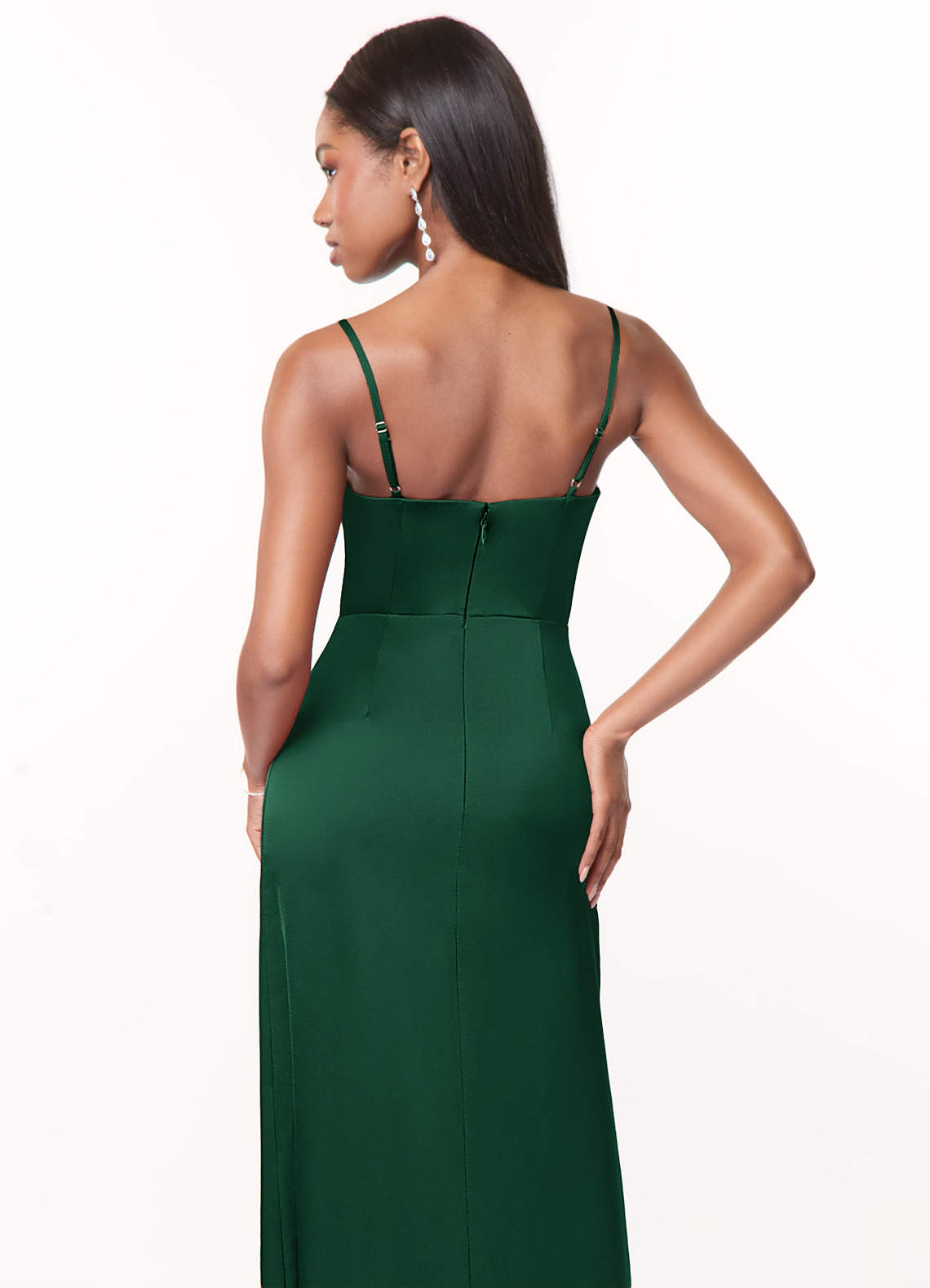 Azazie Maci Bridesmaid Dresses Dark Green A-Line V-Neck Pleated Stretch Satin Dress image3