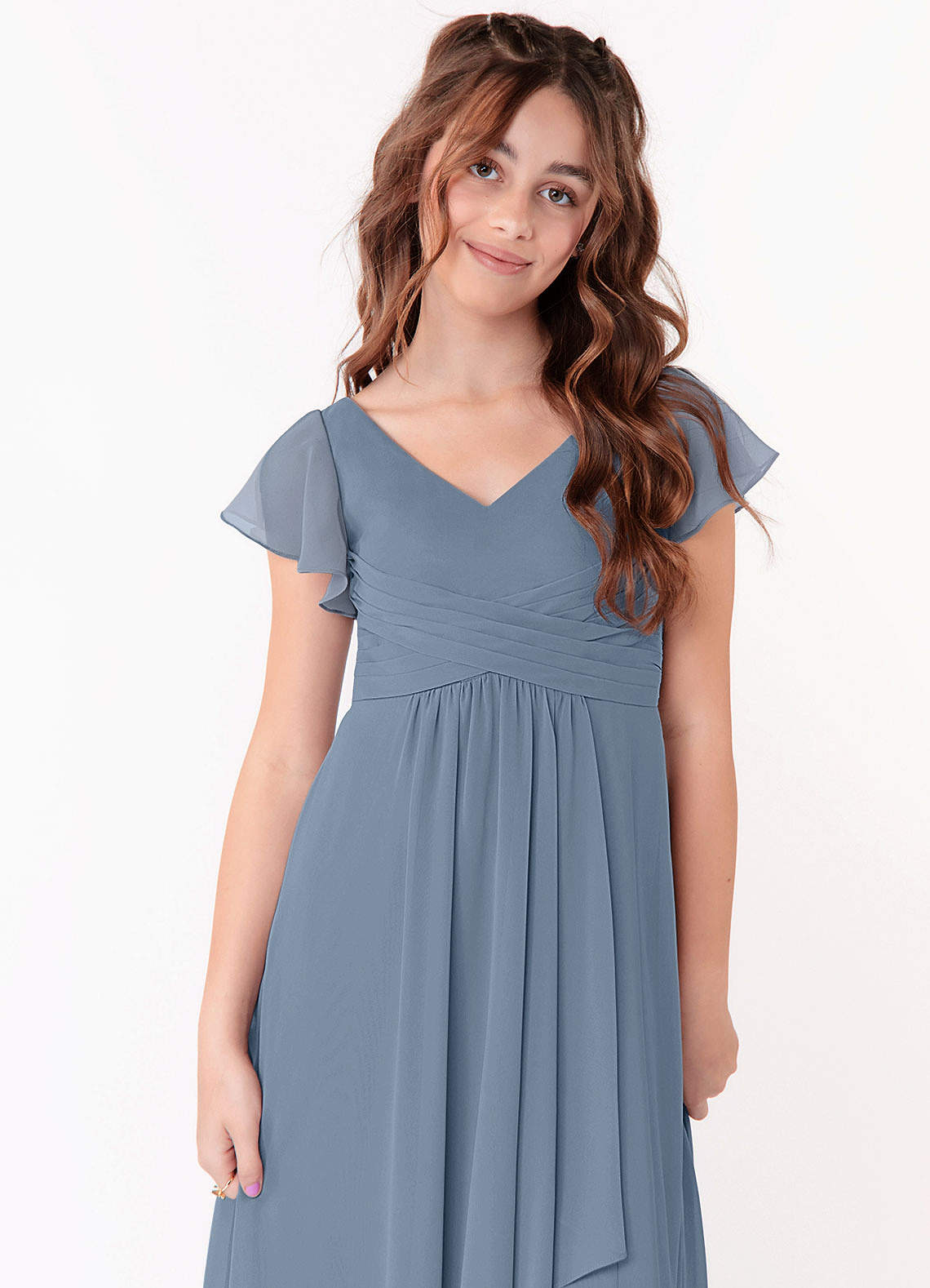 Azazie Omari Junior Dusty Blue A-Line Ruched Chiffon Dress image3