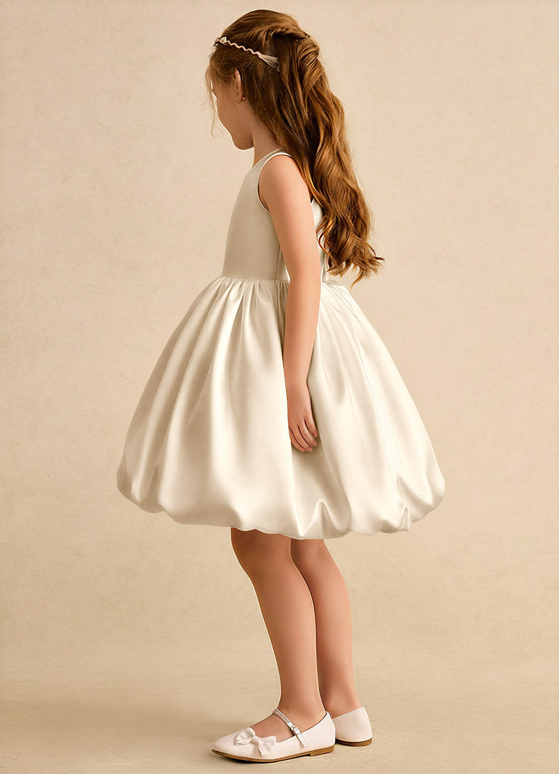 Azazie Nirvana Robe Demoiselle D'honneur Fillette Robe Princesse en Mat Satiné Rayé Champagne image3