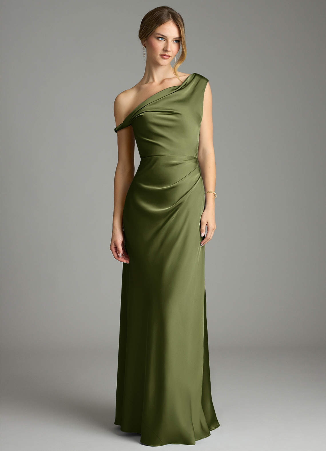 Azazie Emerson Bridesmaid Dresses Olive Mermaid Off the Shoulder Stretch Satin Dress image3