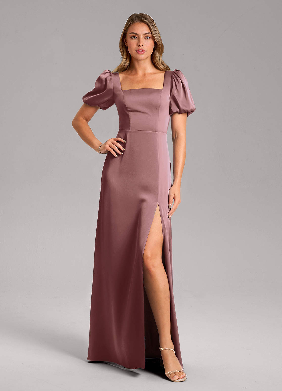 Azazie Fyona Bridesmaid Dresses Vintage Mauve A-Line Pleated Stretch Satin Dress image1