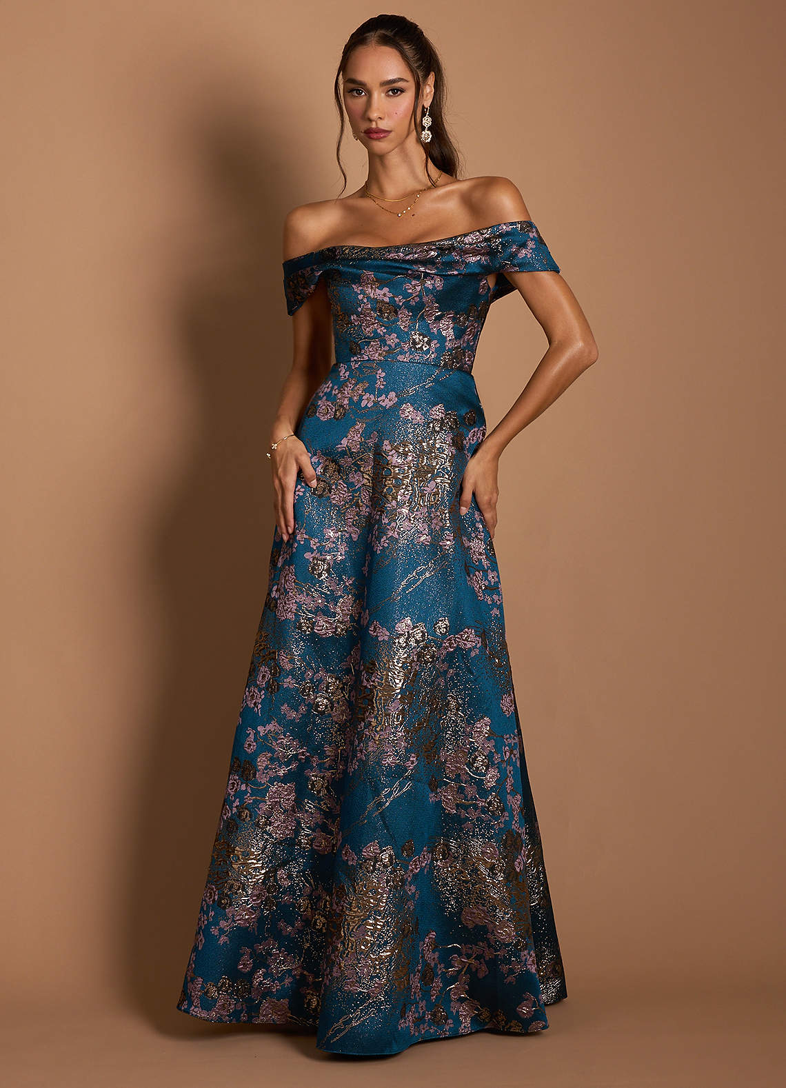 Azazie Teal Floral A-Line Evening Dress for Formal Events