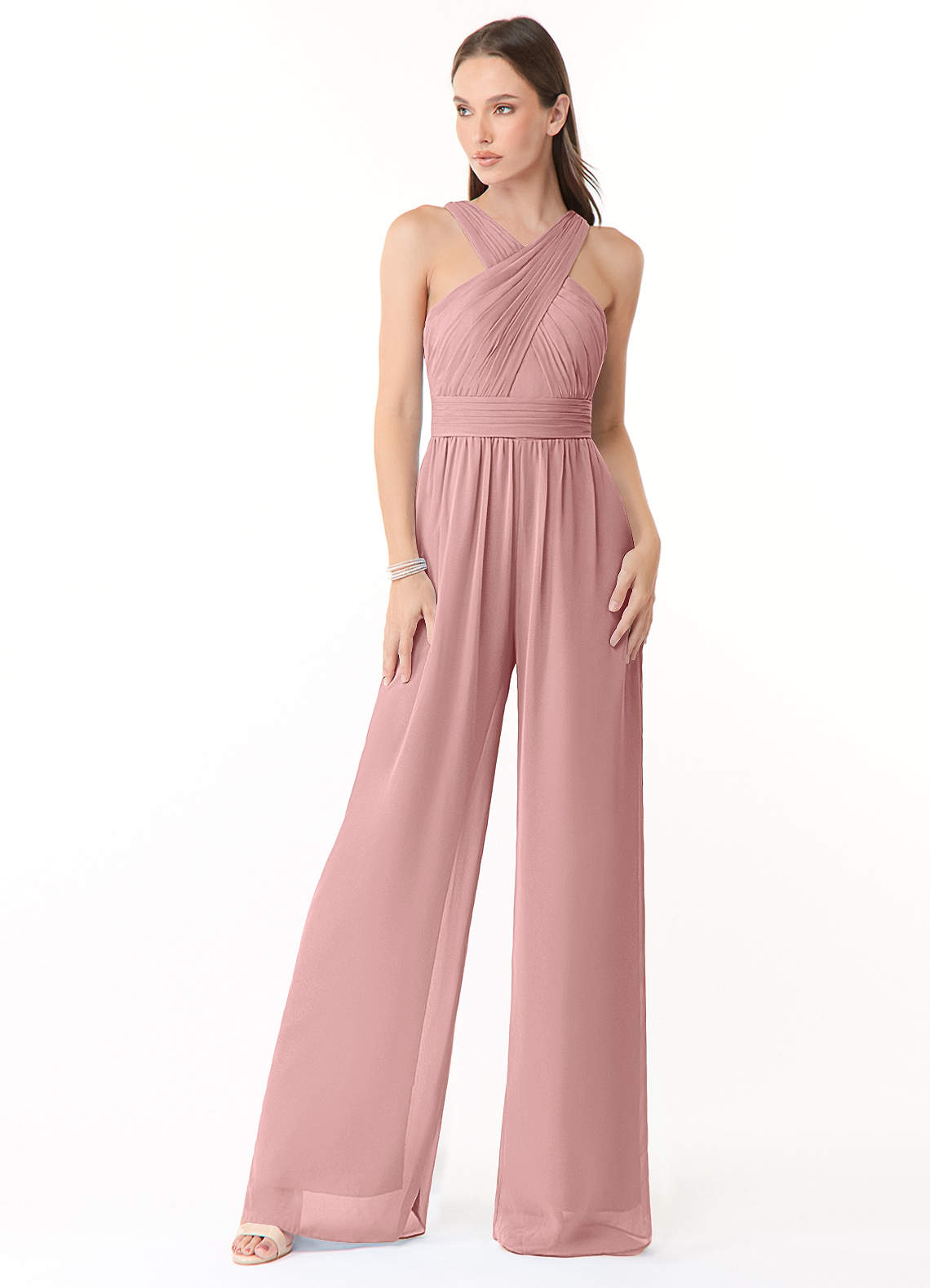 Azazie Berdie Bridesmaid Dresses Dusty Rose Halter Chiffon Jumpsuit image1