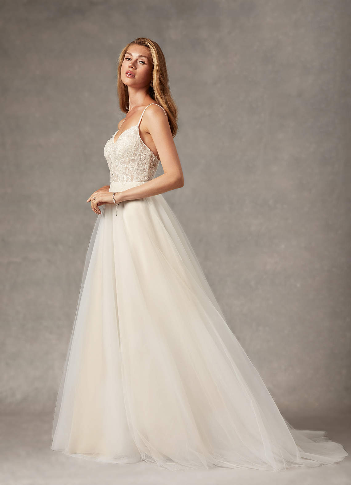 Azazie Tatiana Wedding Dresses Diamond White Nude A-Line V-Neck Sequins Tulle Dress image1