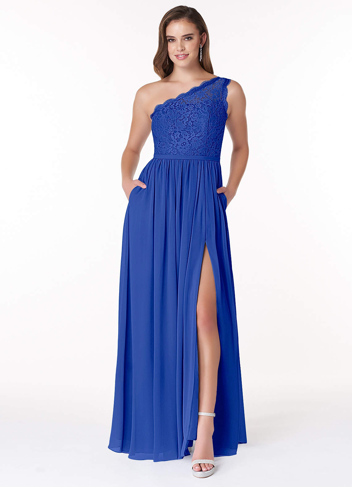 Azazie Demi Jurken voor bruidsmeisjes Jurk van Chiffon met A-Lijn One-Shoulder Koningsblauw image1