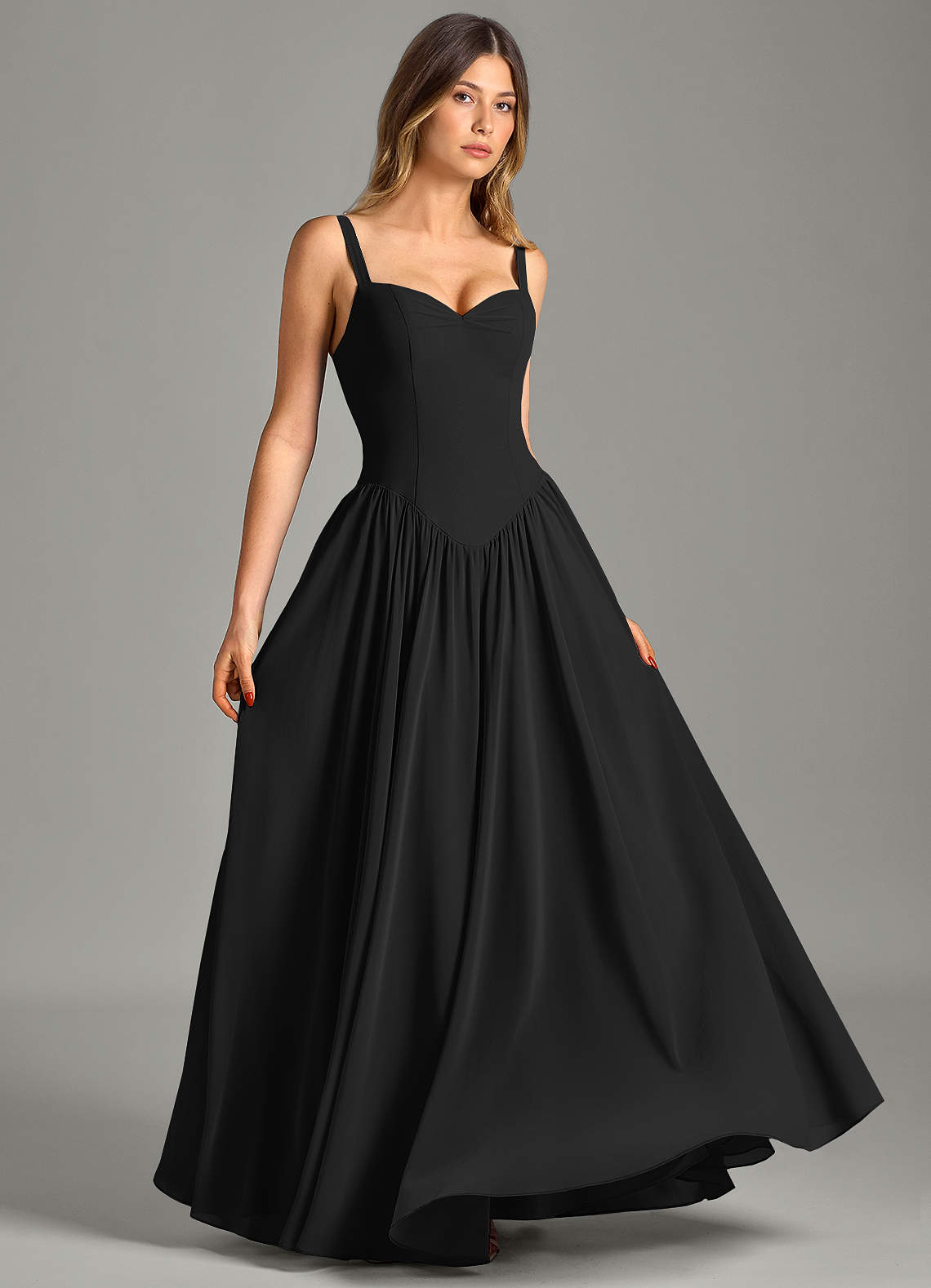 Azazie Evadina Bridesmaid Dresses Black A-Line Corset Chiffon Dress image2