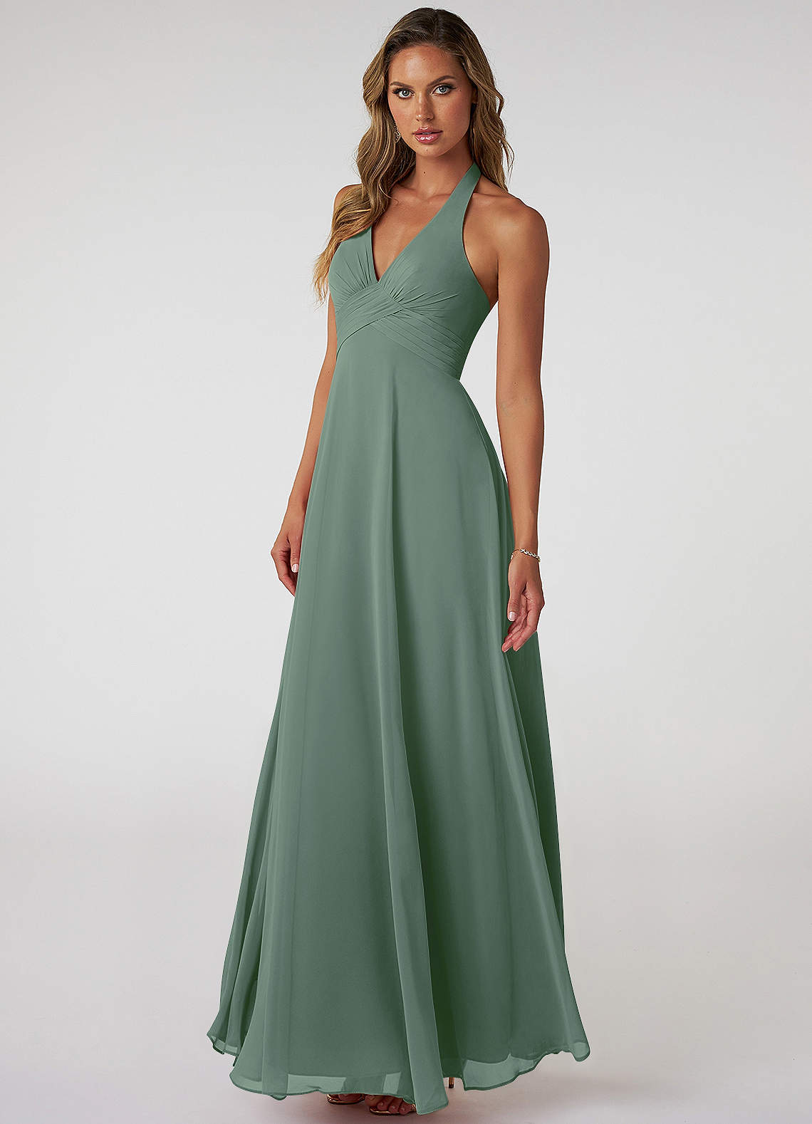 Azazie Tessie Brautjungfernkleider A-Linie V-Hals Gefaltet Chiffon Kleid Eukalyptus image1