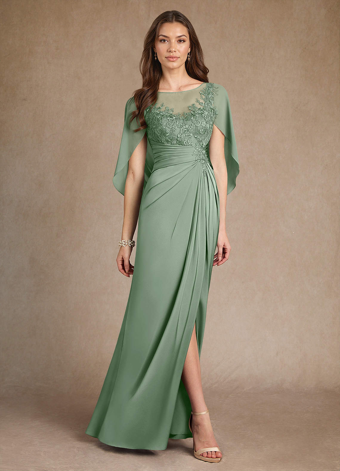 Azazie Hera Mother of the Bride Dresses Matcha A-Line Lace Stretch Satin Dress image3