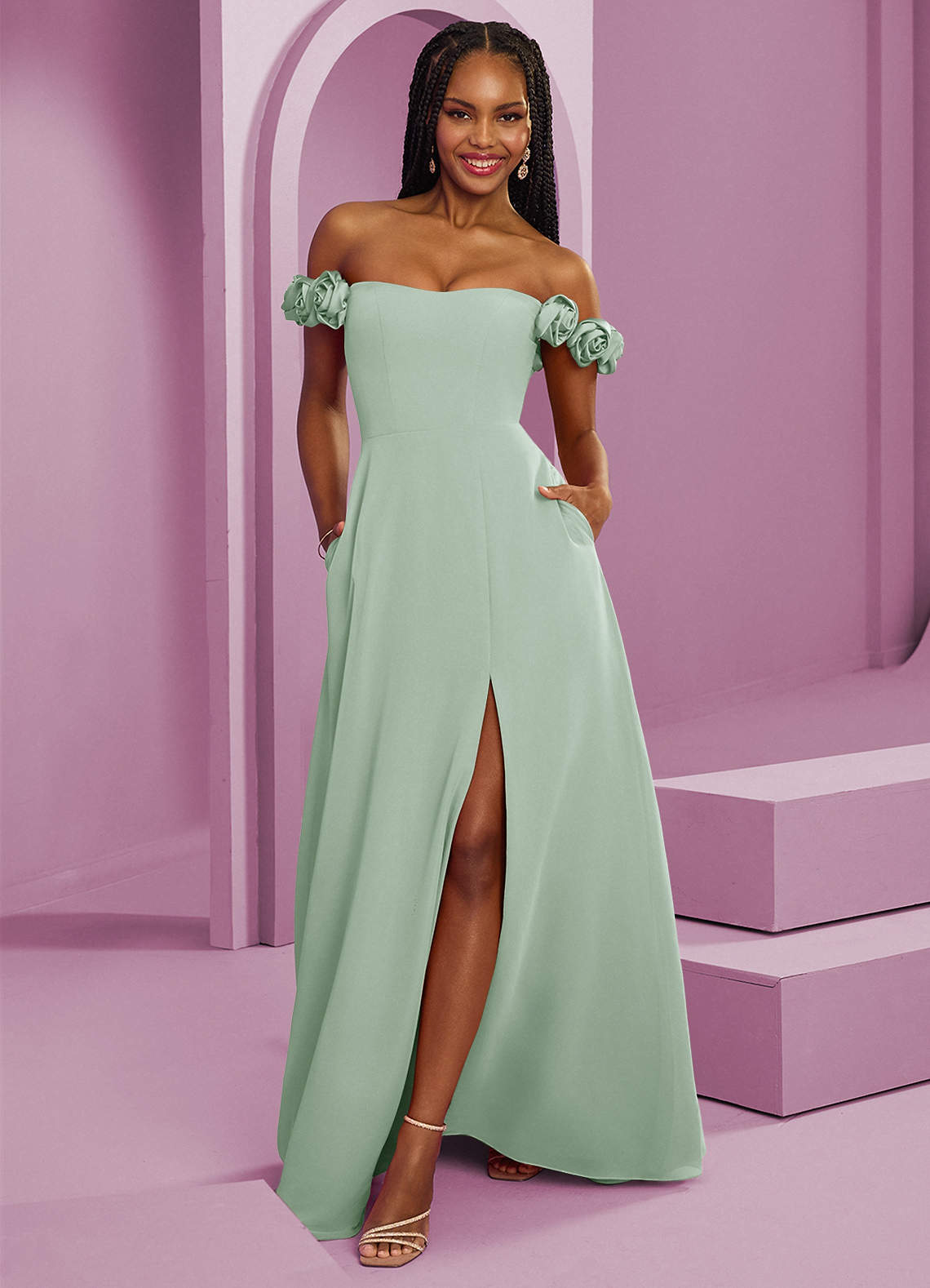 Barbie ♥ Azazie Jurken voor bruidsmeisjes Converteerbaar Jurk van Chiffon met A-Lijn Off the Shoulder Agave image1