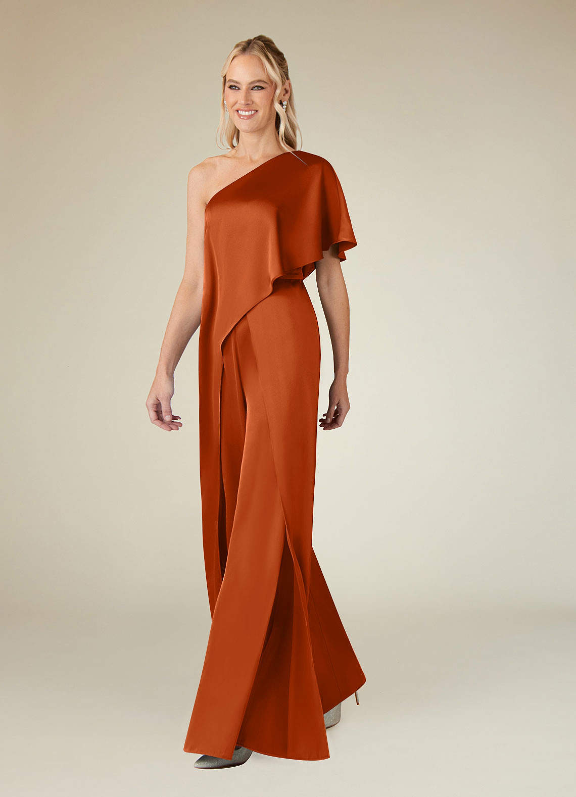 Azazie Hagretta Burnt Orange Jumpsuit/Pantsuit Stretch Satin Dress