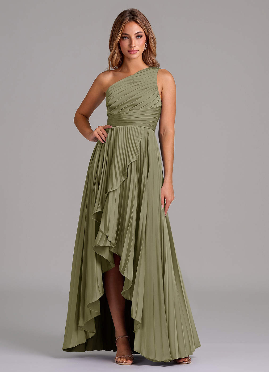 Azazie Lyrica Bridesmaid Dresses Pistachio A-Line One Shoulder Stretch Satin Dress image1
