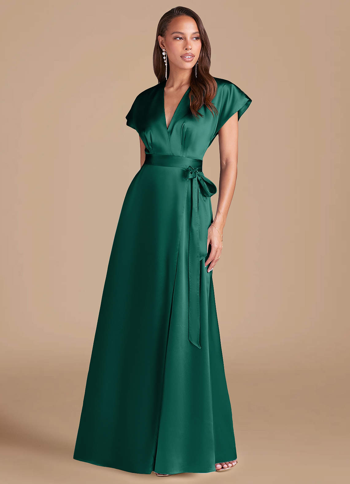 Azazie Nico Bridesmaid Dresses Emerald A-Line Pleated Metallic Satin Dress image1