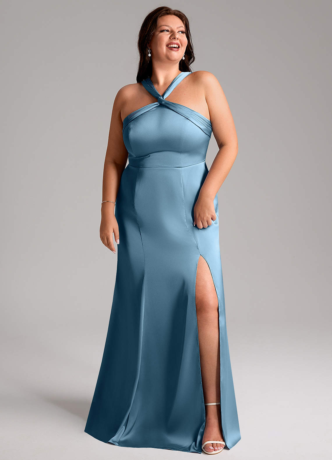 Azazie Mermaid Halter Neck Floor-Length Stretch Satin Bridesmaid Dresses - Steel Blue