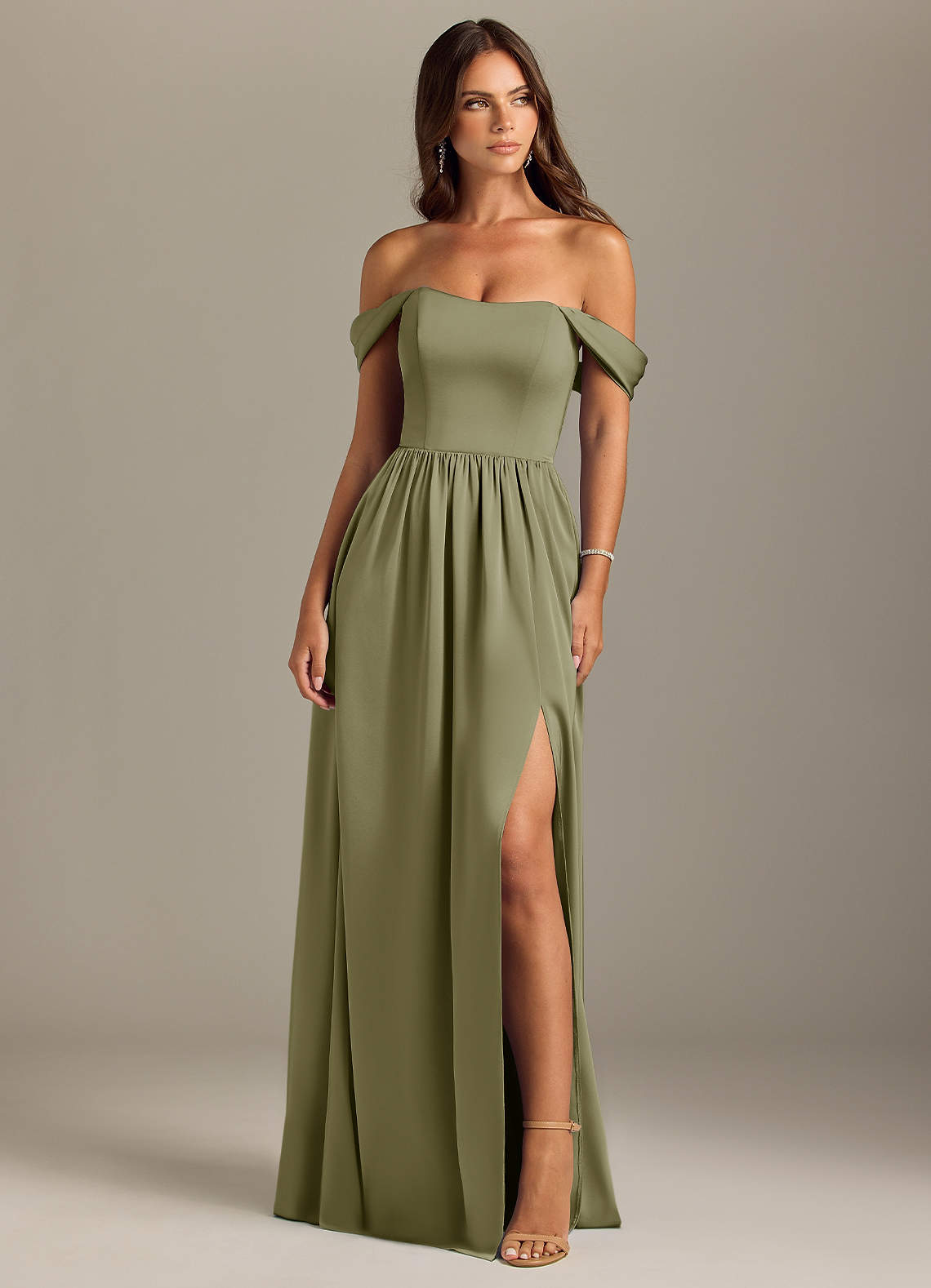 Azazie Calianna Bridesmaid Dresses Pistachio A-Line Off the Shoulder Stretch Satin Convertible Dress image1