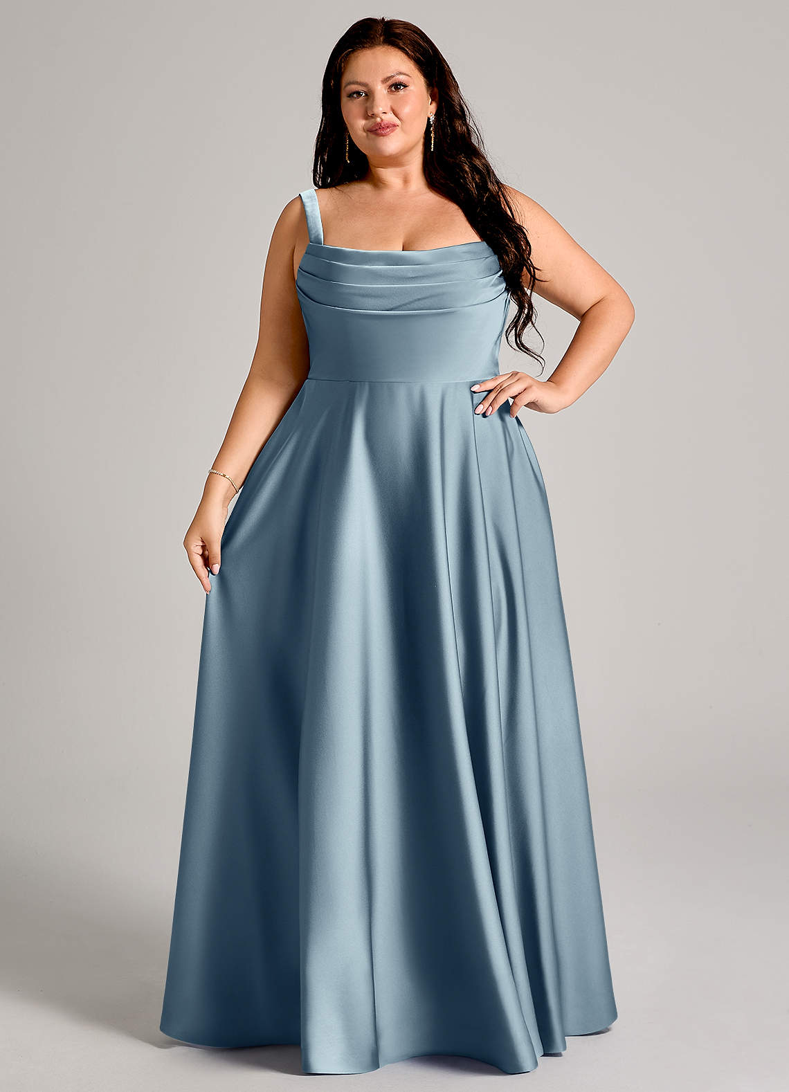 Azazie Shaude Bridesmaid Dresses Dusty Blue A-Line Pleated Stretch Satin Dress image11