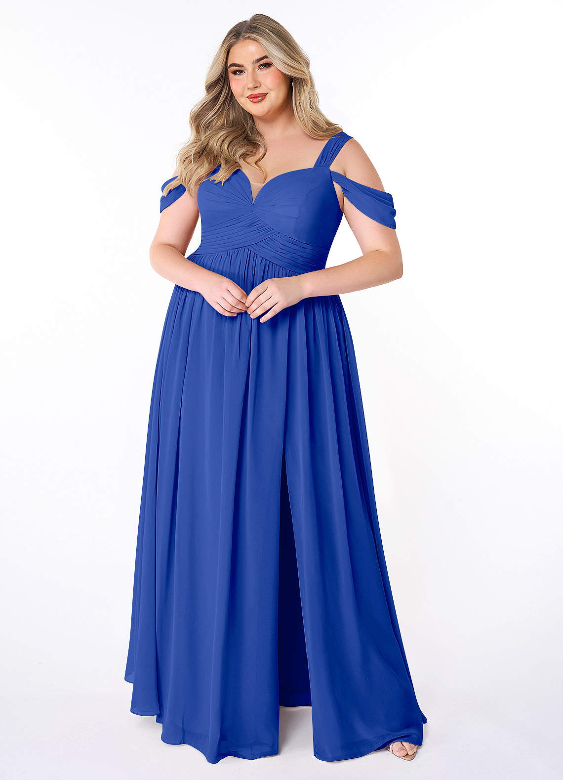 Azazie Lianne Bridesmaid Dresses Royal Blue A-Line Off the Shoulder Chiffon Dress image1