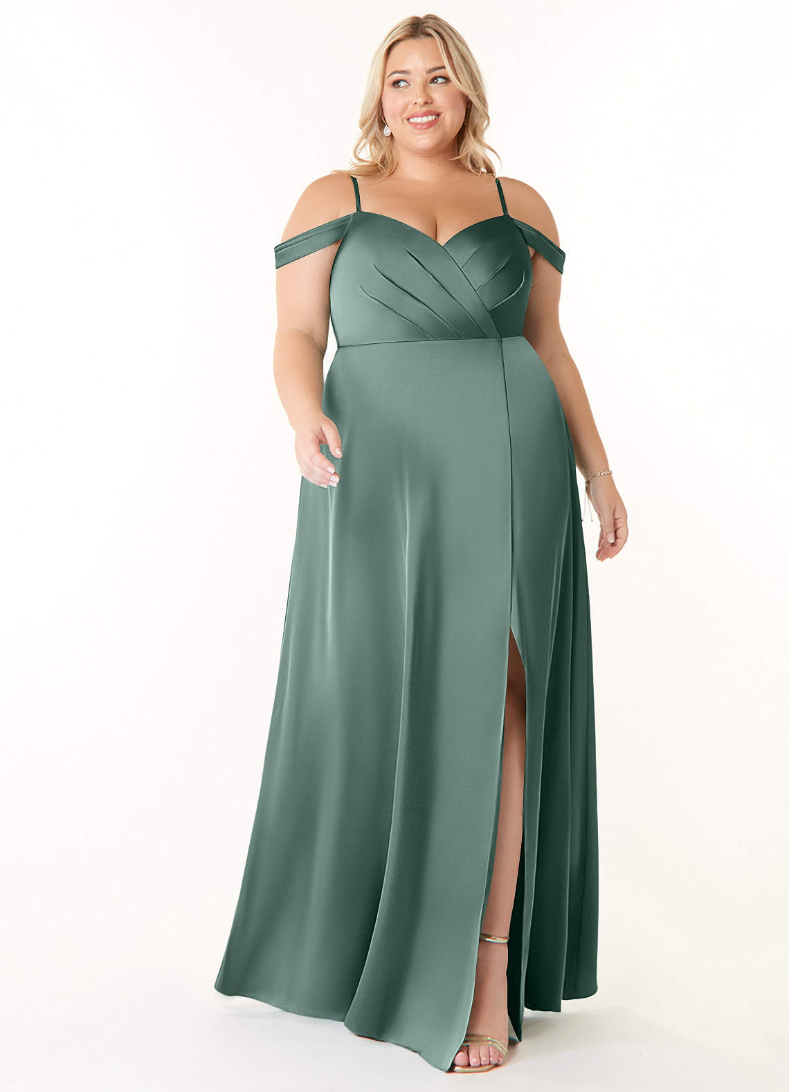 Azazie Ocean Bridesmaid Dresses Eucalyptus A-Line V-Neck Pleated Stretch Satin Dress image1