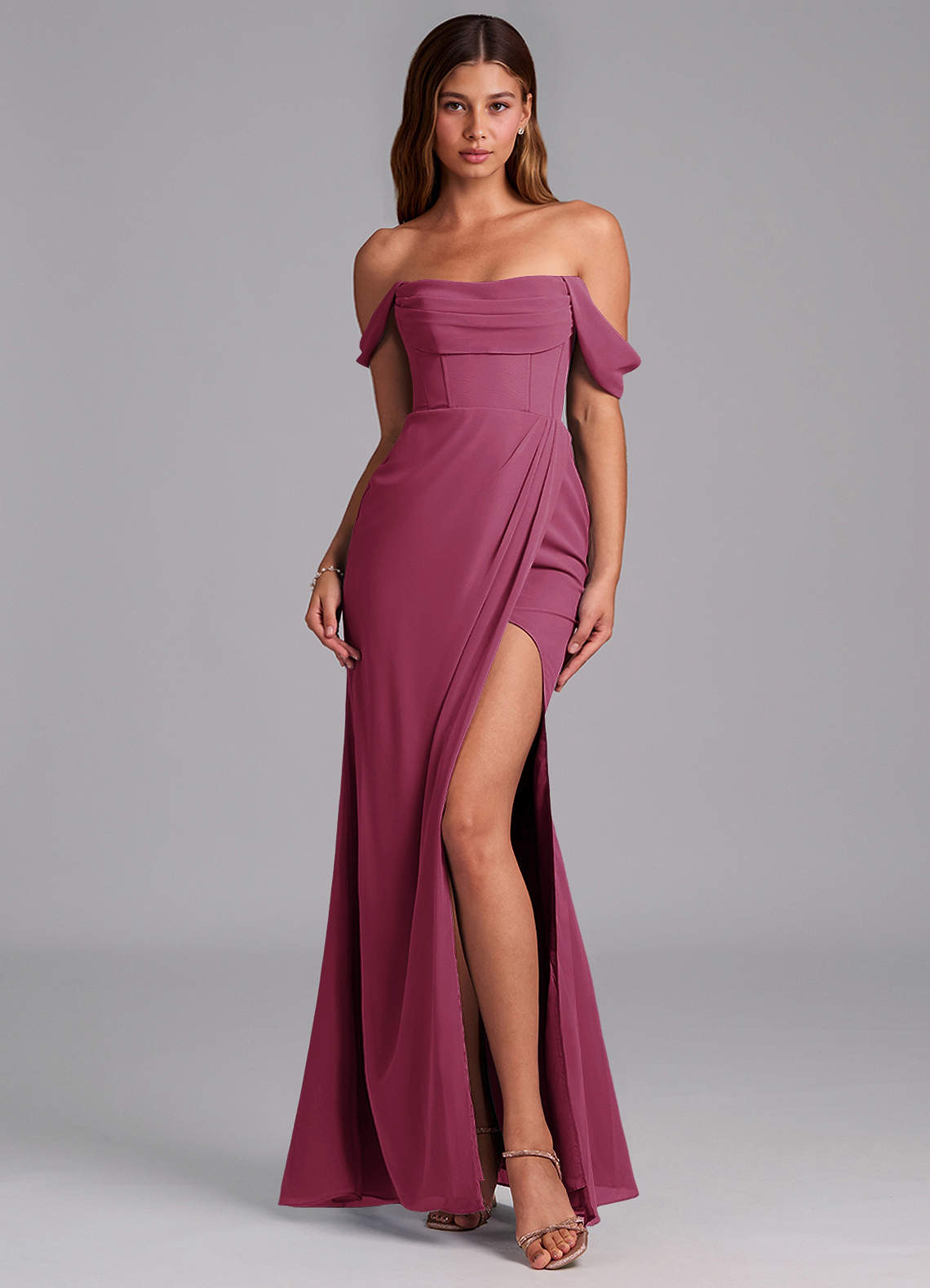 Azazie Johana Jurken voor bruidsmeisjes Converteerbaar Jurk van Chiffon met Zeemeermin Off-shoulder Moerbei image2