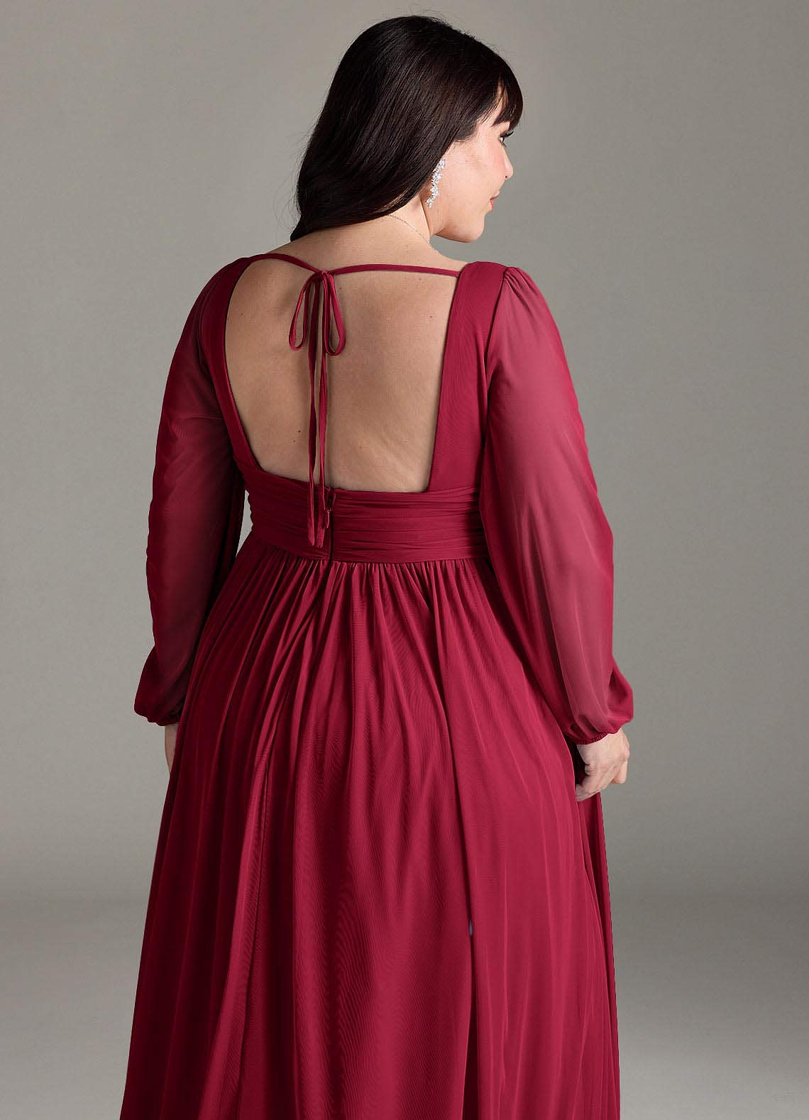 Azazie Norah Bridesmaid Dresses Burgundy A-Line V-Neck Long Sleeve Chiffon Dress image12