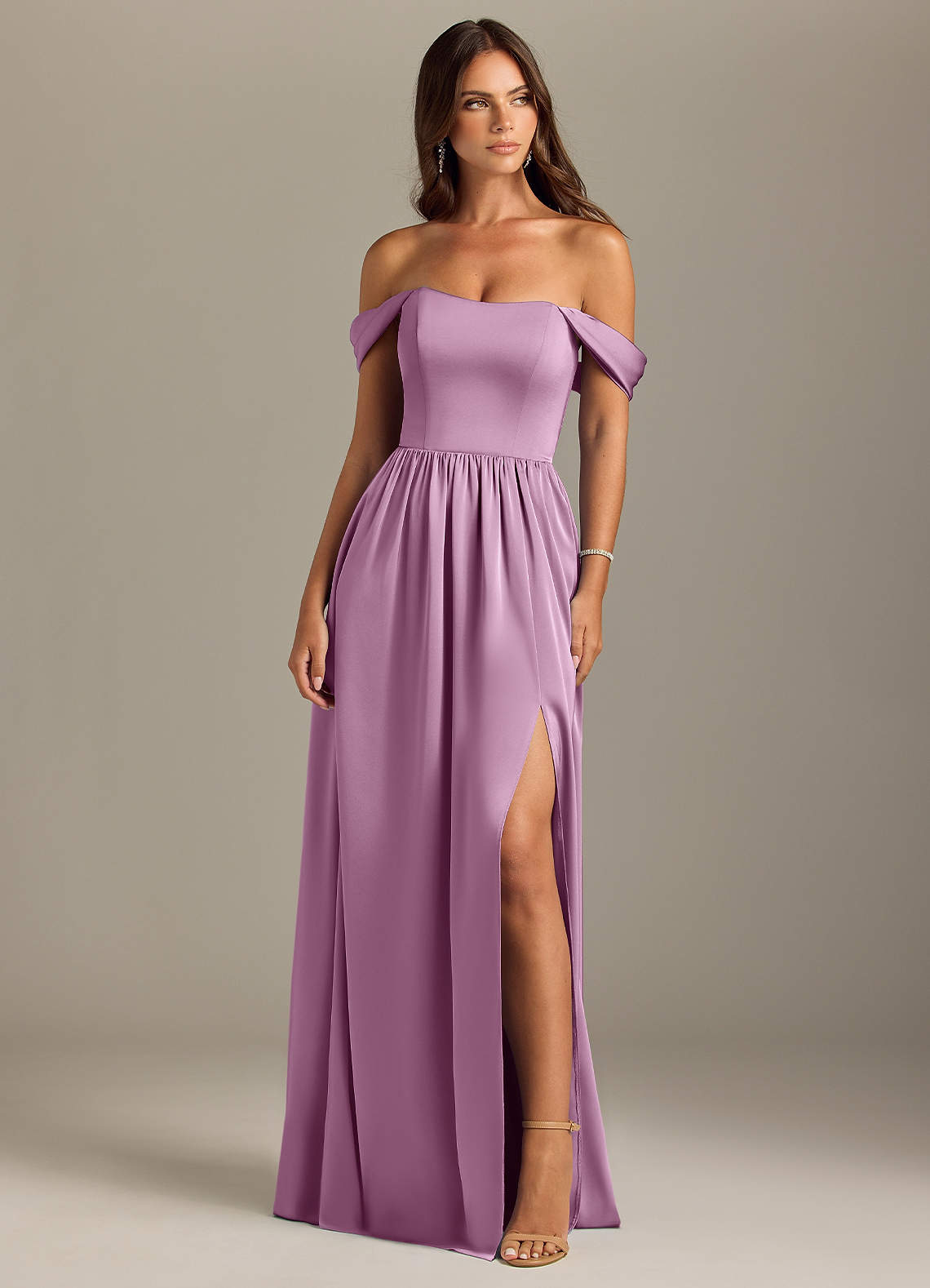 Azazie Calianna Bridesmaid Dresses Wisteria A-Line Off the Shoulder Stretch Satin Convertible Dress image1