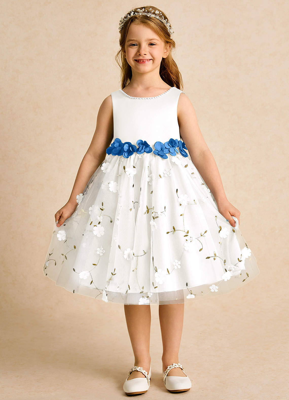 Azazie Starri Flower Girl Dresses Ivory Blue Jay Ball-Gown Beaded Matte Satin Dress image1