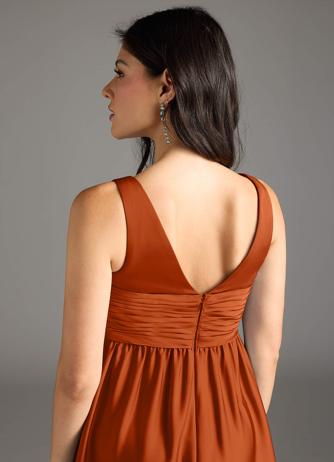 Azazie Yetta At-home Try On Dresses A-Line Pleated Stretch Satin Floor-Length Dress image4