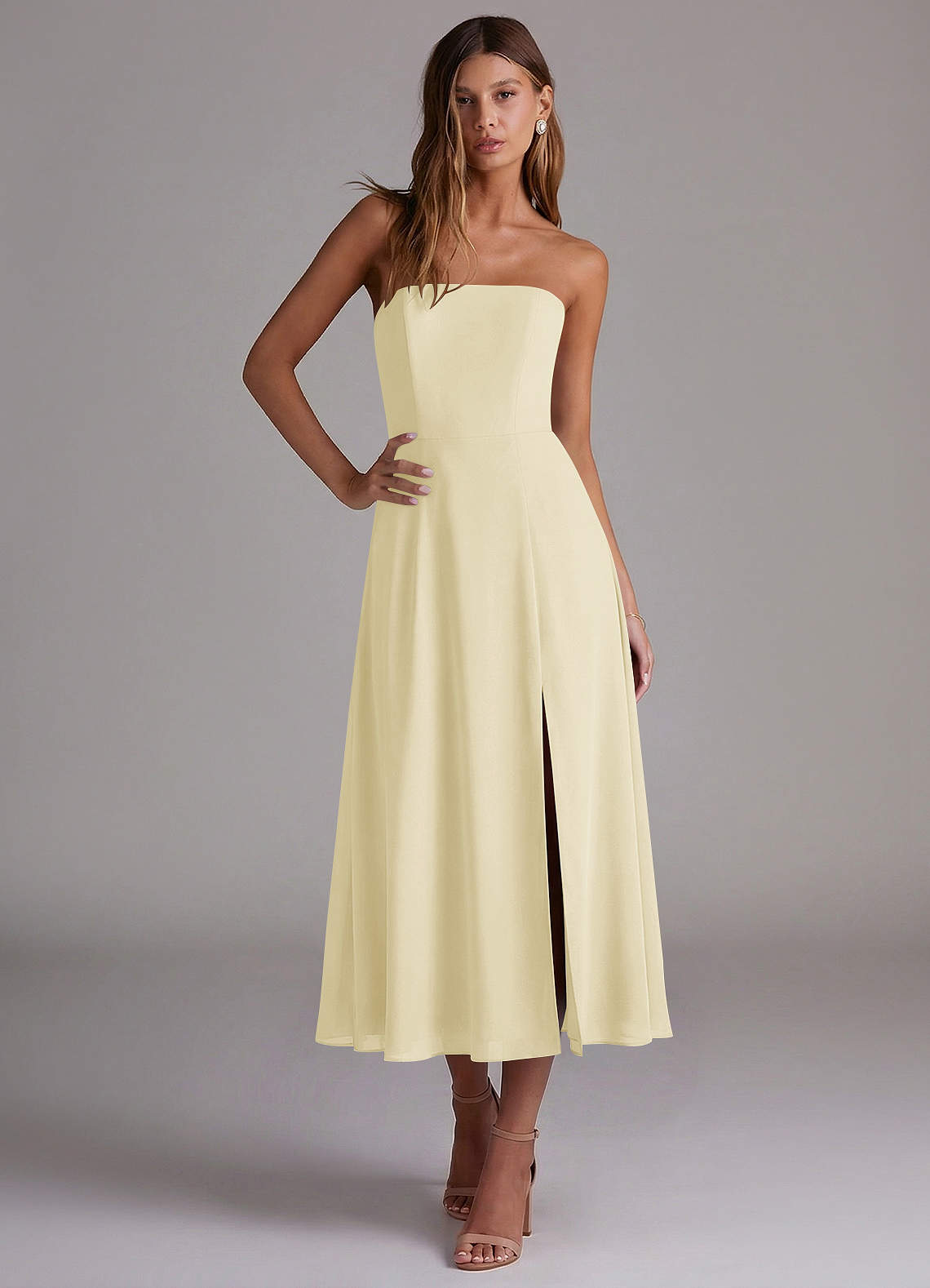 Azazie Wren Brautjungfernkleider A-Linie Schulterfrei Chiffon Kleid Zitronensorbet image3