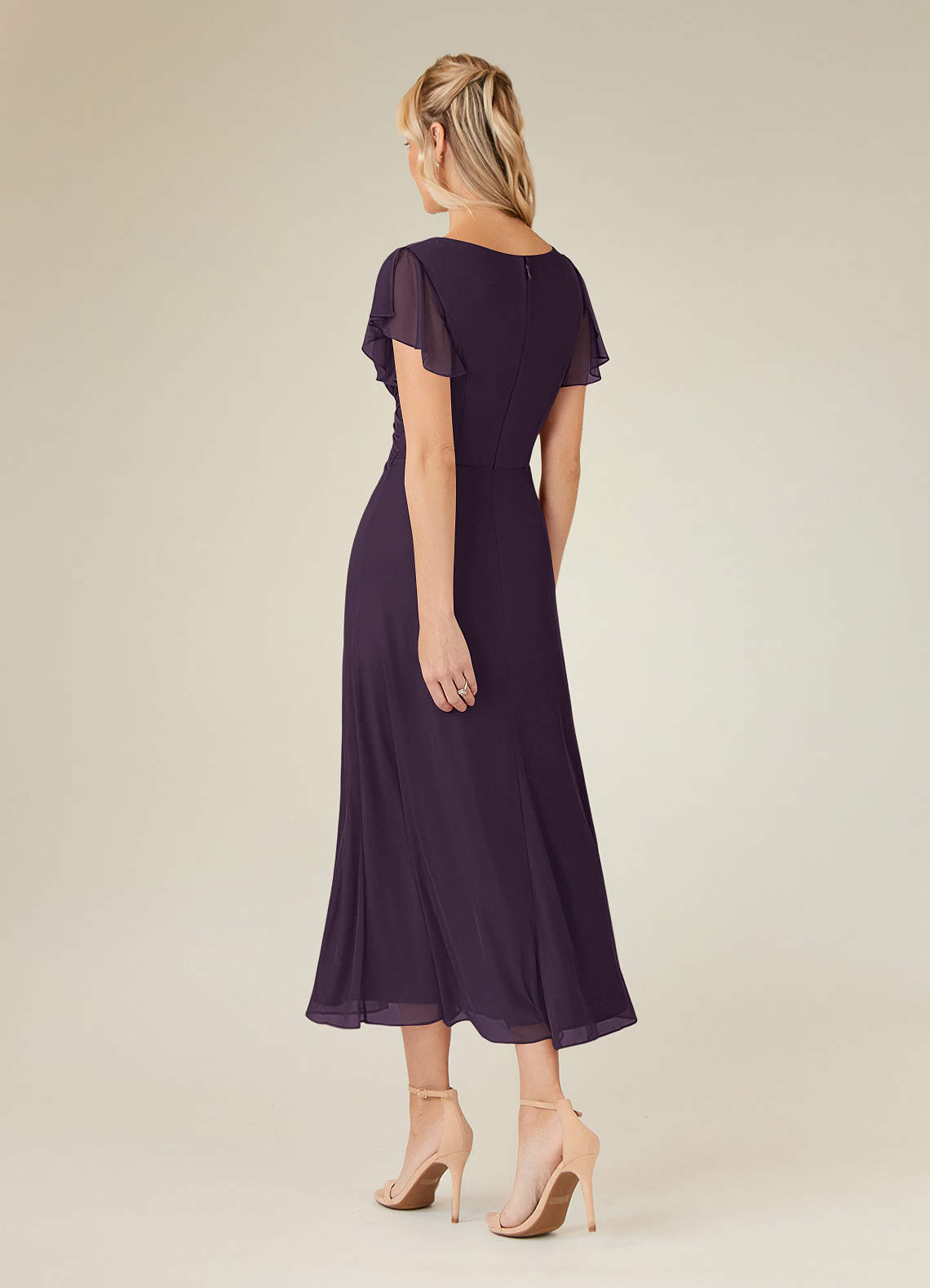 Azazie Vera Mother of the Bride Dresses Plum A-Line V-Neck Pleated Mesh Dress image2