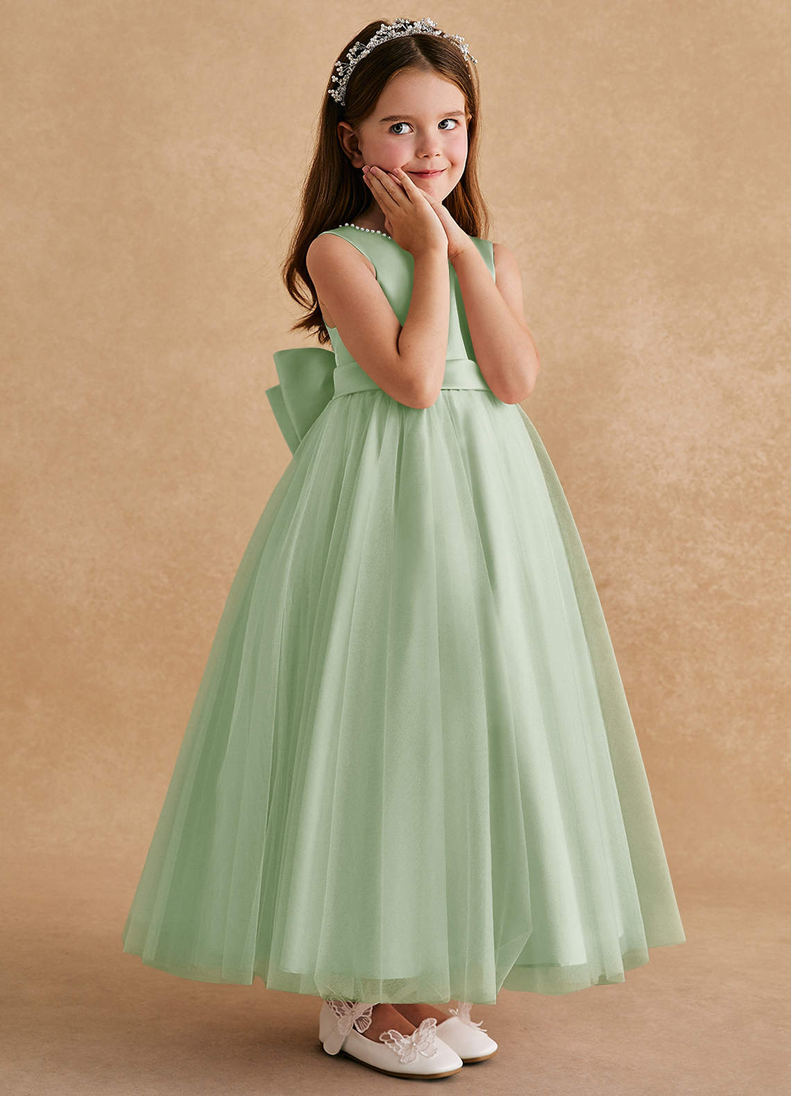 Azazie Cookie Flower Girl Dresses Dusty Sage A-Line Bow Tulle Dress image2