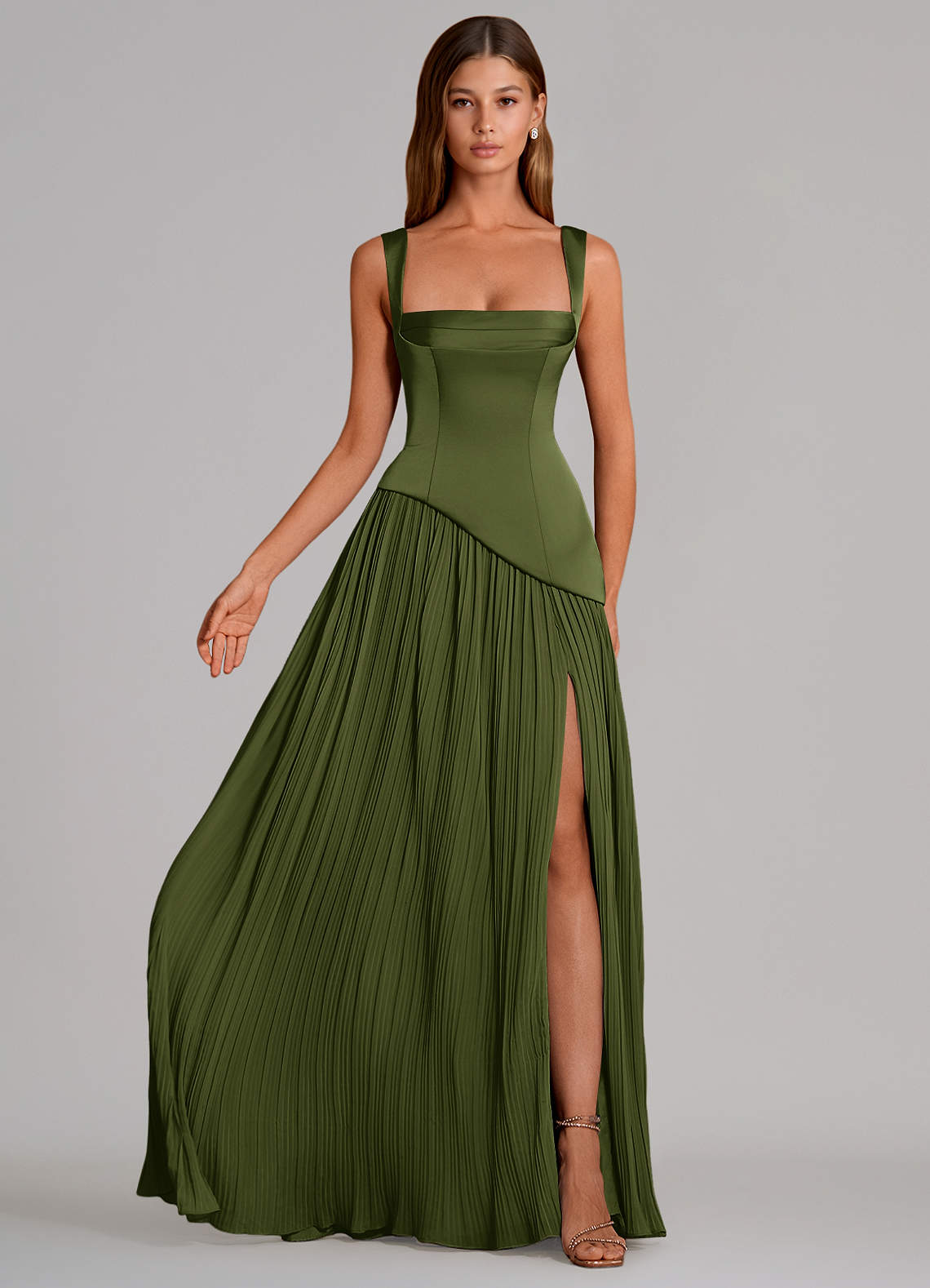 Azazie Stephanie Vestidos de madrinha de casamento Vestido Oliva de Cetim elástico de Linha A com Plissado image3