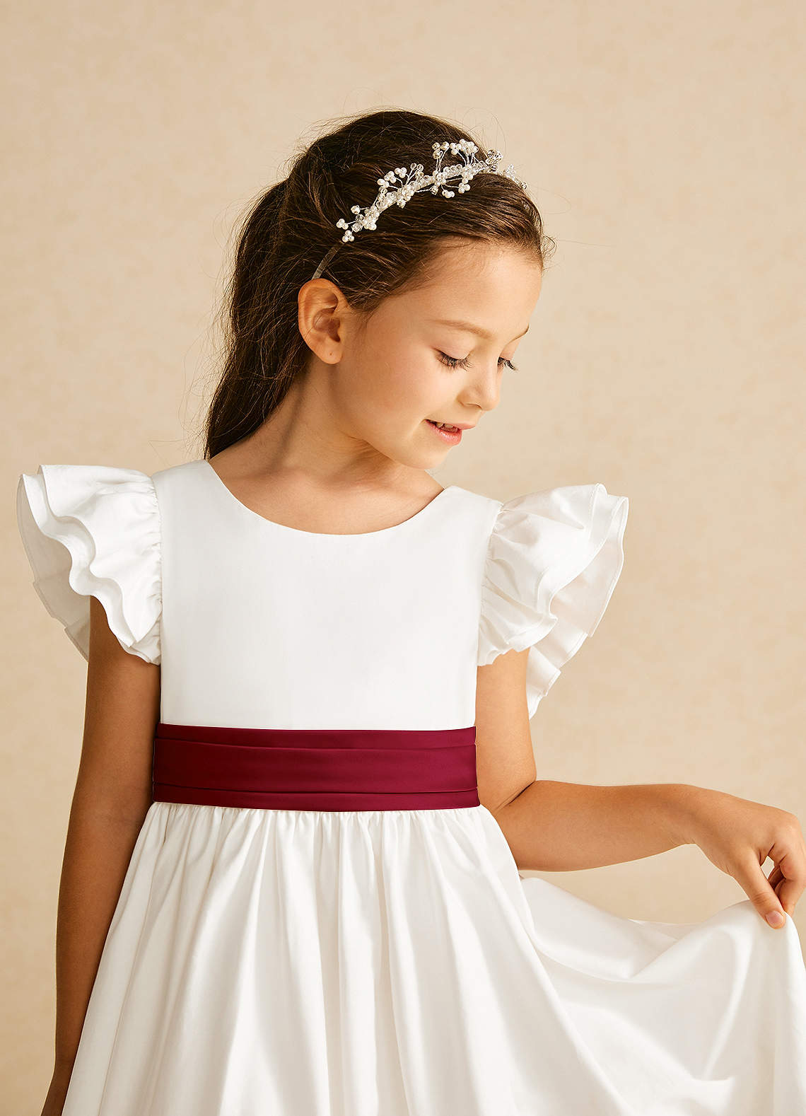 Azazie Aero Flower Girl Dresses Ivory Burgundy A-Line Pleated Cotton Dress image2