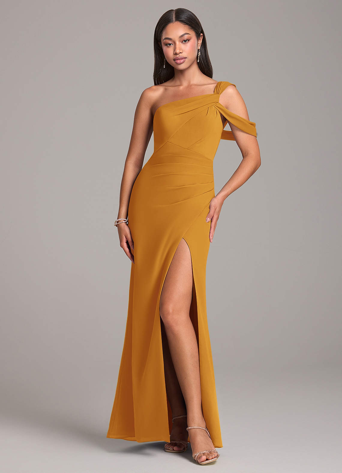 Azazie Wynter Bridesmaid Dresses Butterscotch Sheath Off the Shoulder Chiffon Dress image1