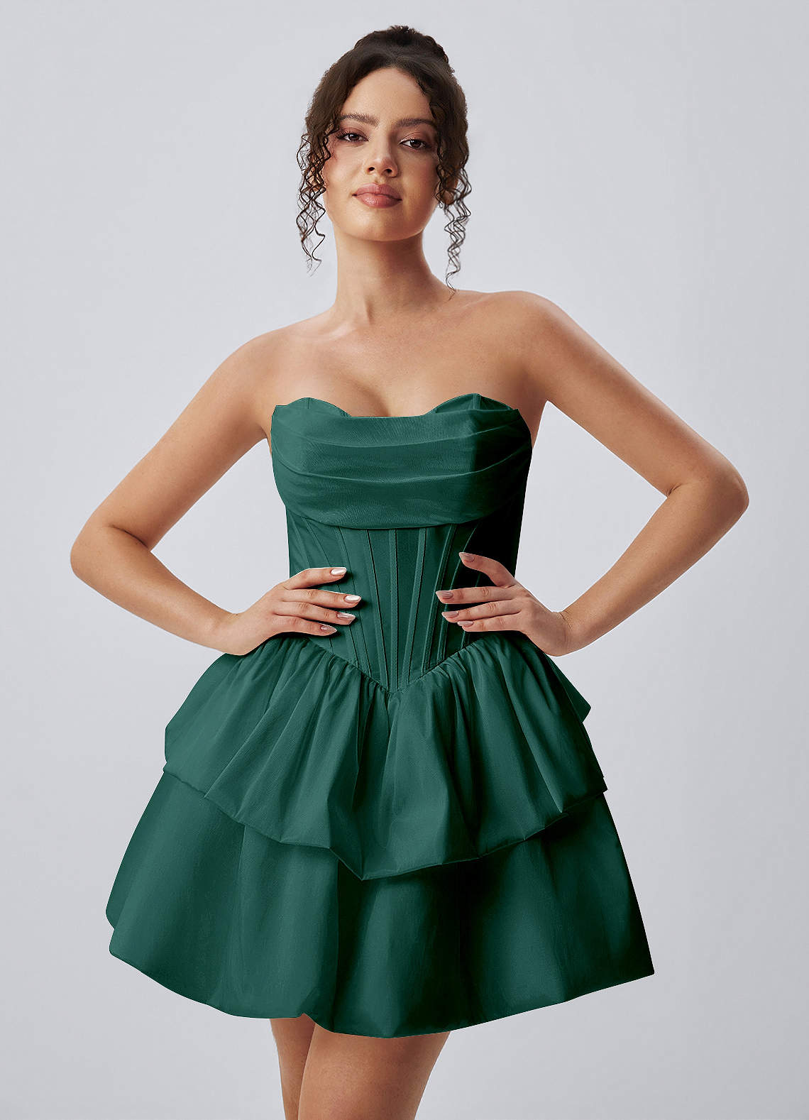 Noelle Dark Green Strapless Corset Layered Poplin Mini Dress