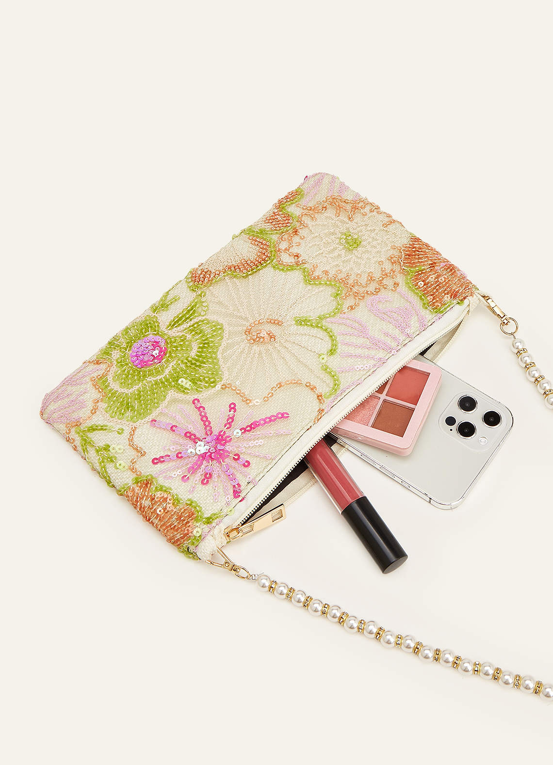 front Sequin Embroidered Floral Pearl Strap Shoulder Bag
