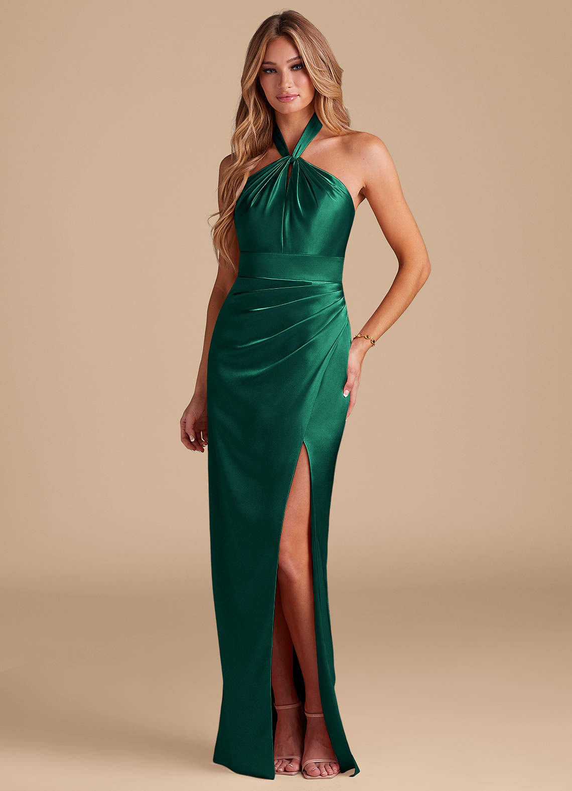 Azazie Zaya Bridesmaid Dresses Emerald Sheath Pleated Metallic Satin Dress image1