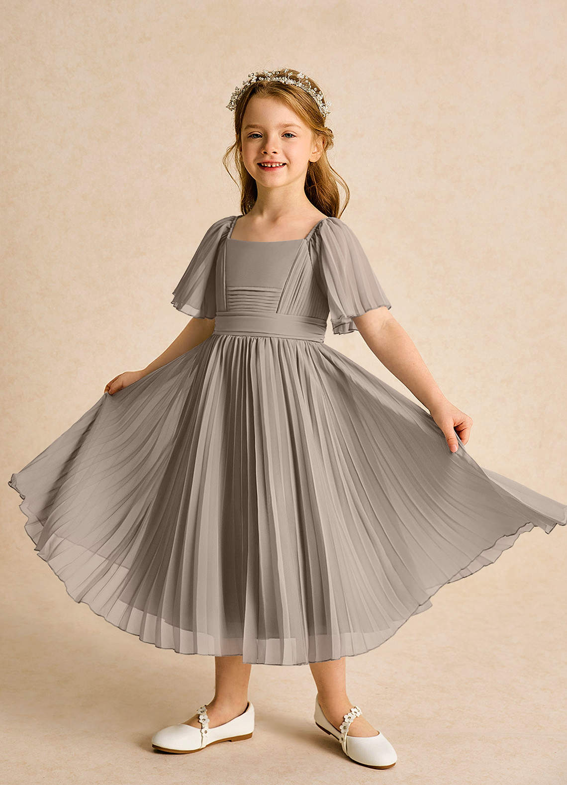 Azazie Gisele vestidos de niña de las flores Vestido de Gris Pardo de Gasa de Corte En A con Plisado image3