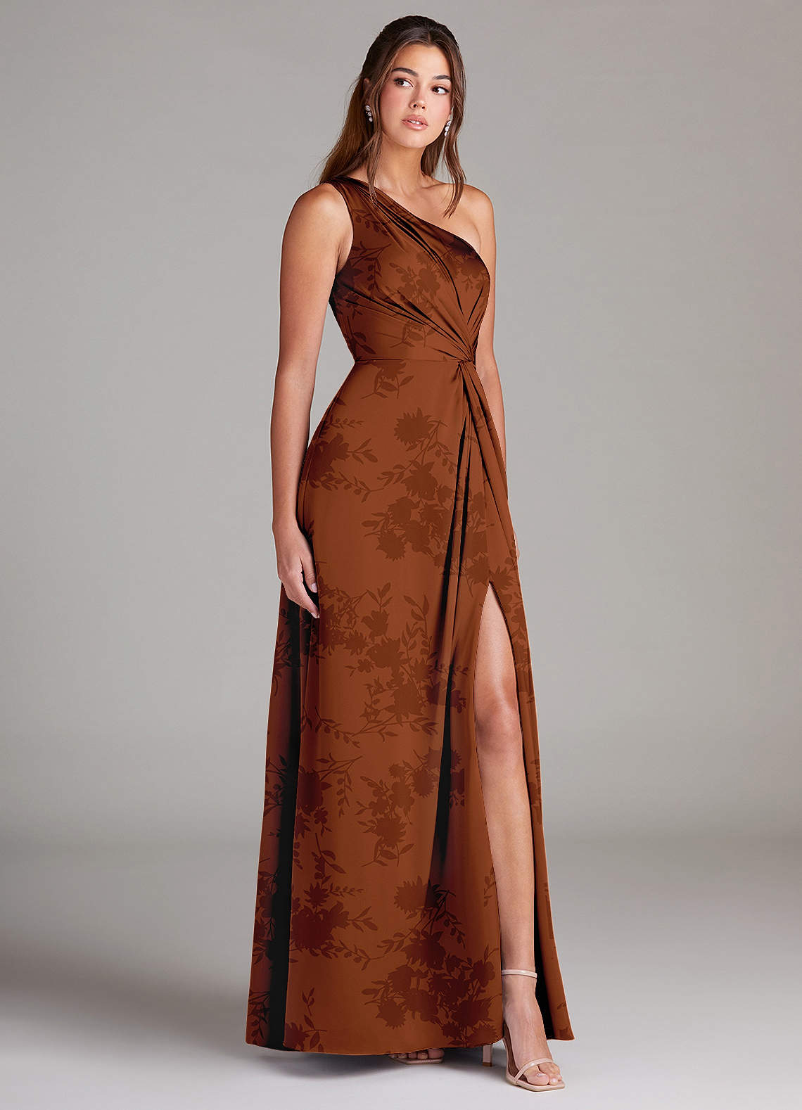 Azazie Brooke Burnt Orange Floral Stretch Satin Bridesmaid Dresses | Azazie