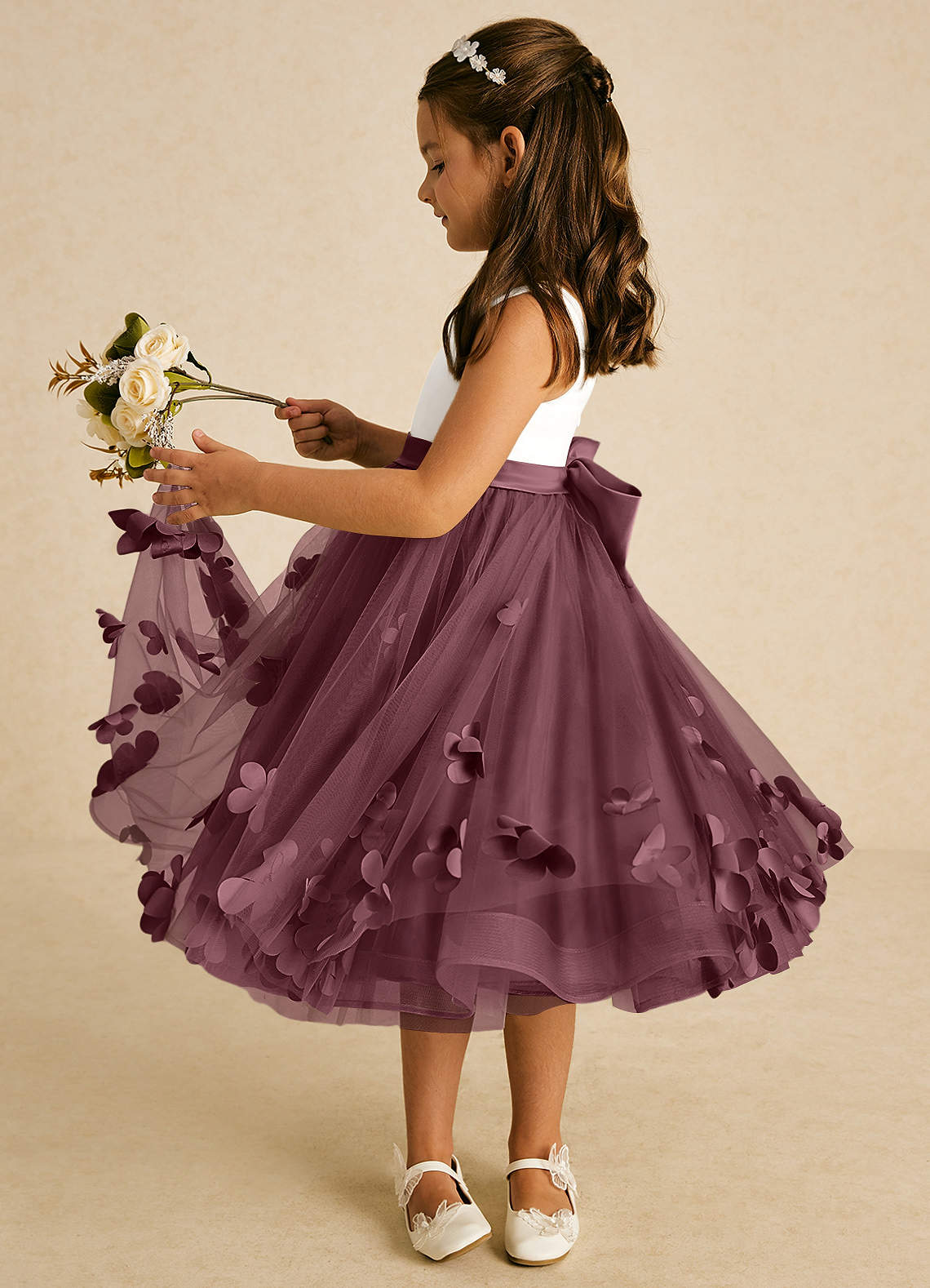 Azazie Sprout Flower Girl Dresses Sangria A-Line Bow Tulle Dress image3