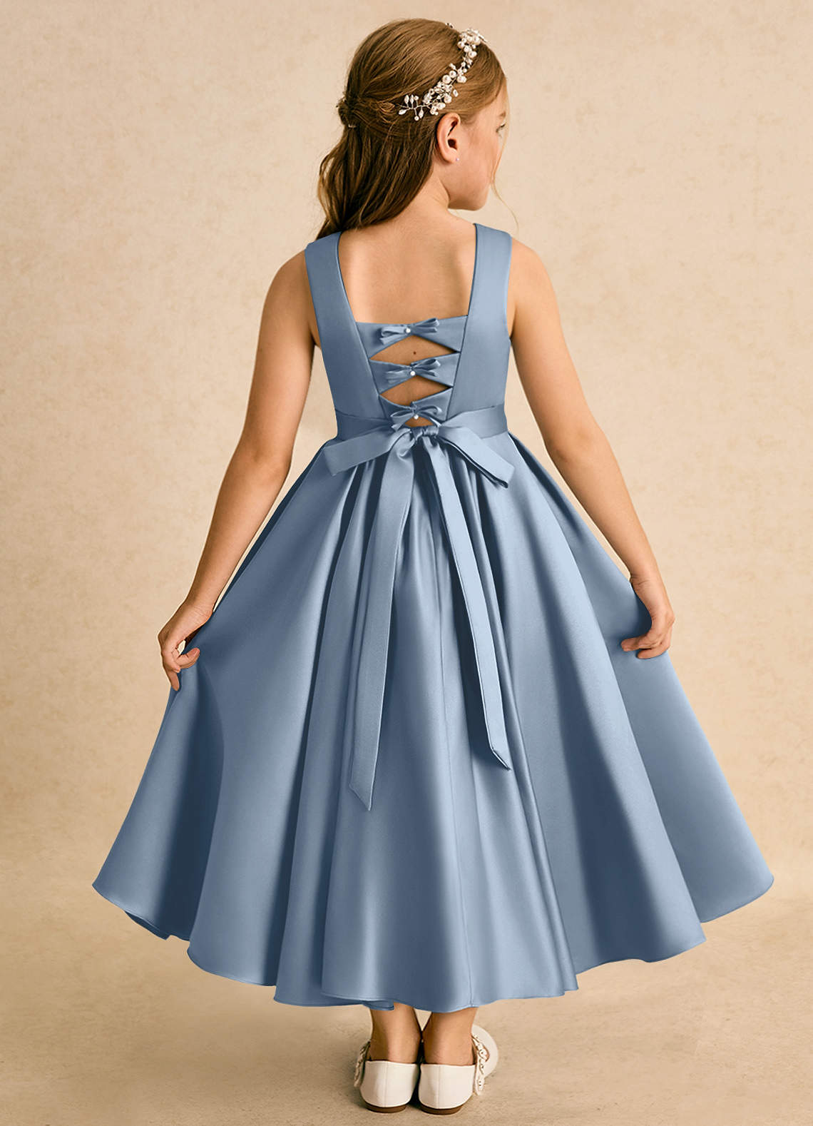 Azazie Junebuj Flower Girl Dresses Dusty Blue Ball-Gown Pleated Matte Satin Dress image1