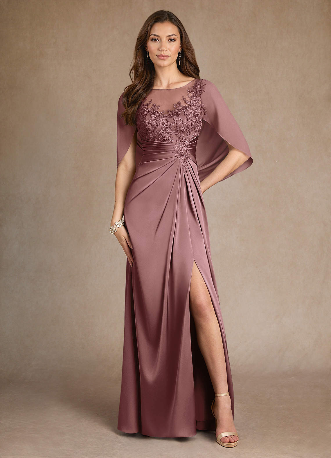Azazie Hera Mother of the Bride Dresses Vintage Mauve A-Line Lace Stretch Satin Dress image1